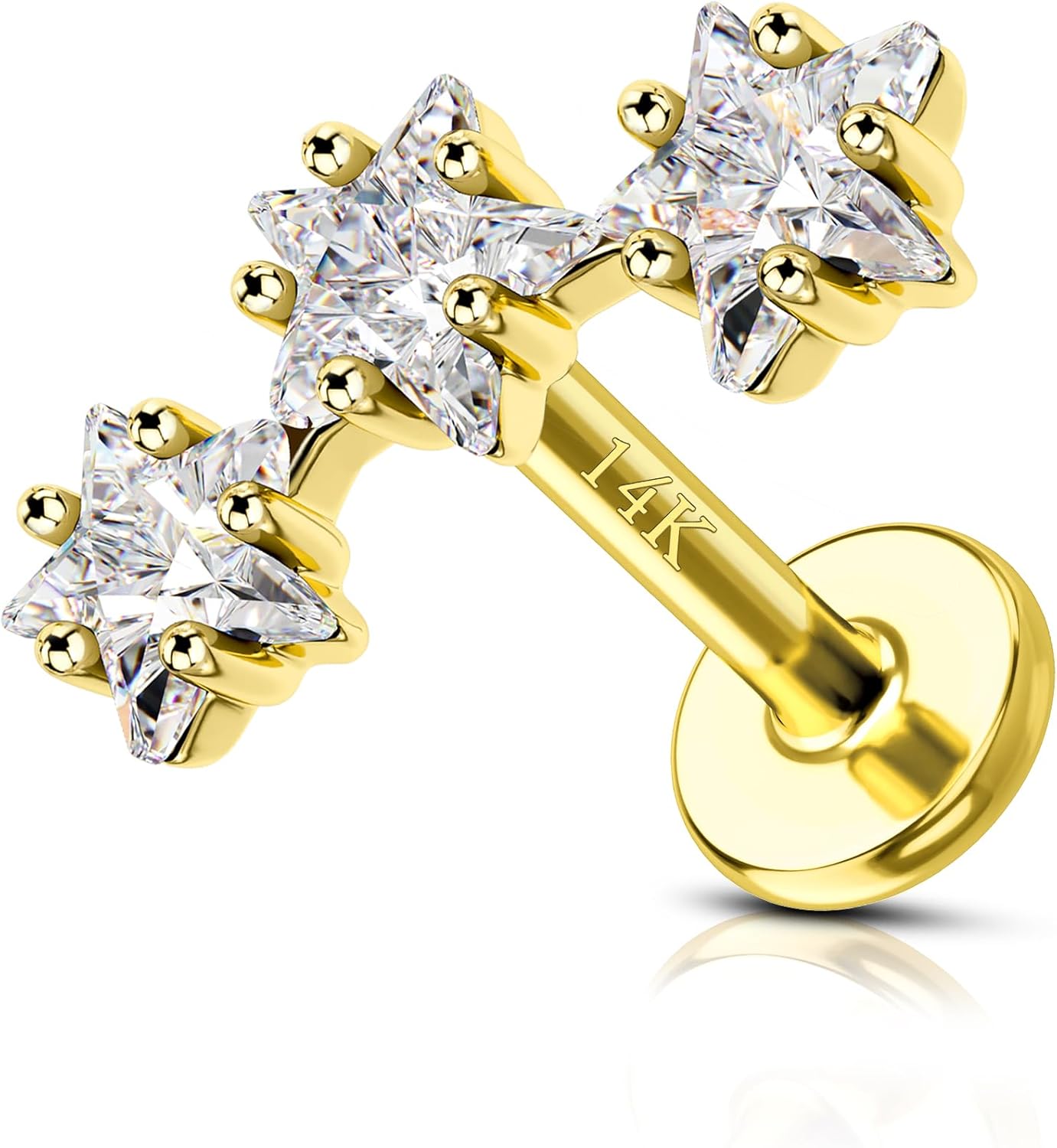 COCHARM 14K Real Gold Star Helix Cartilage Conch Earring Stud 16g Flat Back Solid Gold Helix Conch Piercing Jewelry 16g 6mm 8mm 14Kt Cartilage Stud Jewelry Internally Threaded