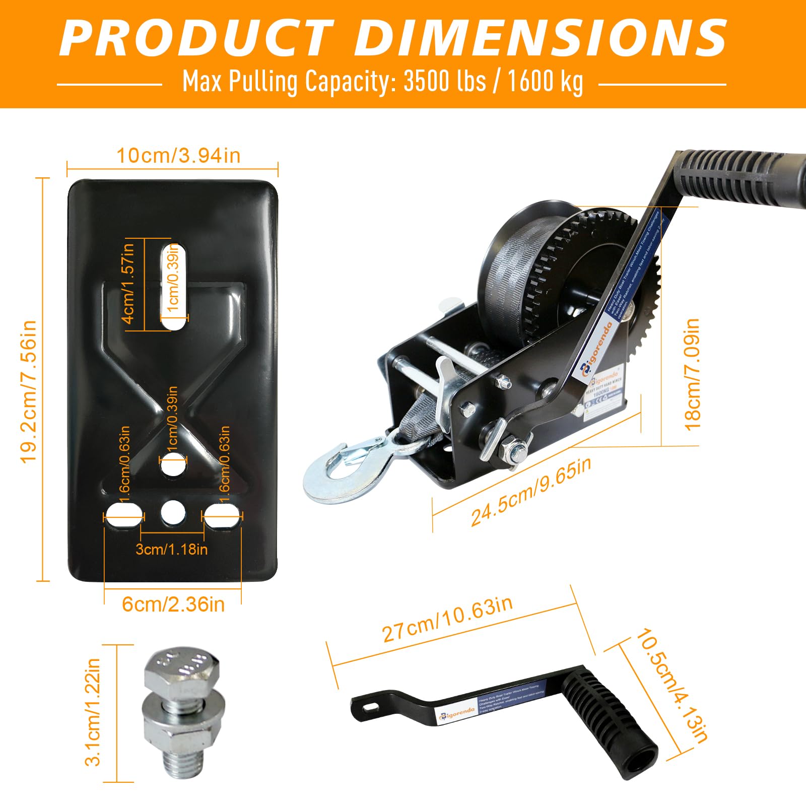 Hand Winch, Boat Trailer Winch Hand Winch with 10M (33FT) Polyester Strap and Two-Way Ratchet, 3500LBS Pulling Capacity, Heavy Duty Manual Operated Hand Crank Winch for Trailer, Boat or ATV Towing — view 8