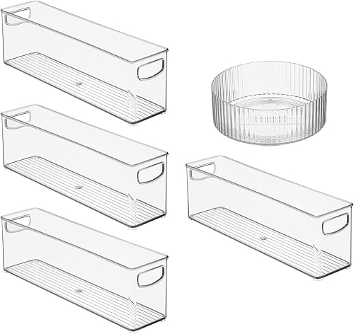 Miniatura 9 de mDesign Cubo apilable de plástico estrecho con asas y plato giratorio de plástico redondo acanalado de 9 pulgadas para organización en el baño,