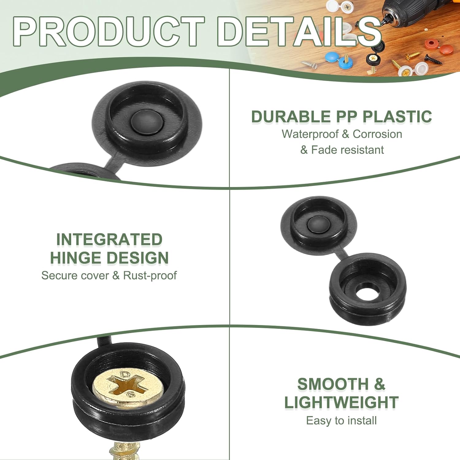 Screw Snap Covers, M4 Plastic Hinged Screw Cover Caps Shutter Screws Fold Snap Washer - Fitting for (Windows/Railings/Home Furniture/Cabinets), 4mm & 120 Pack & Black