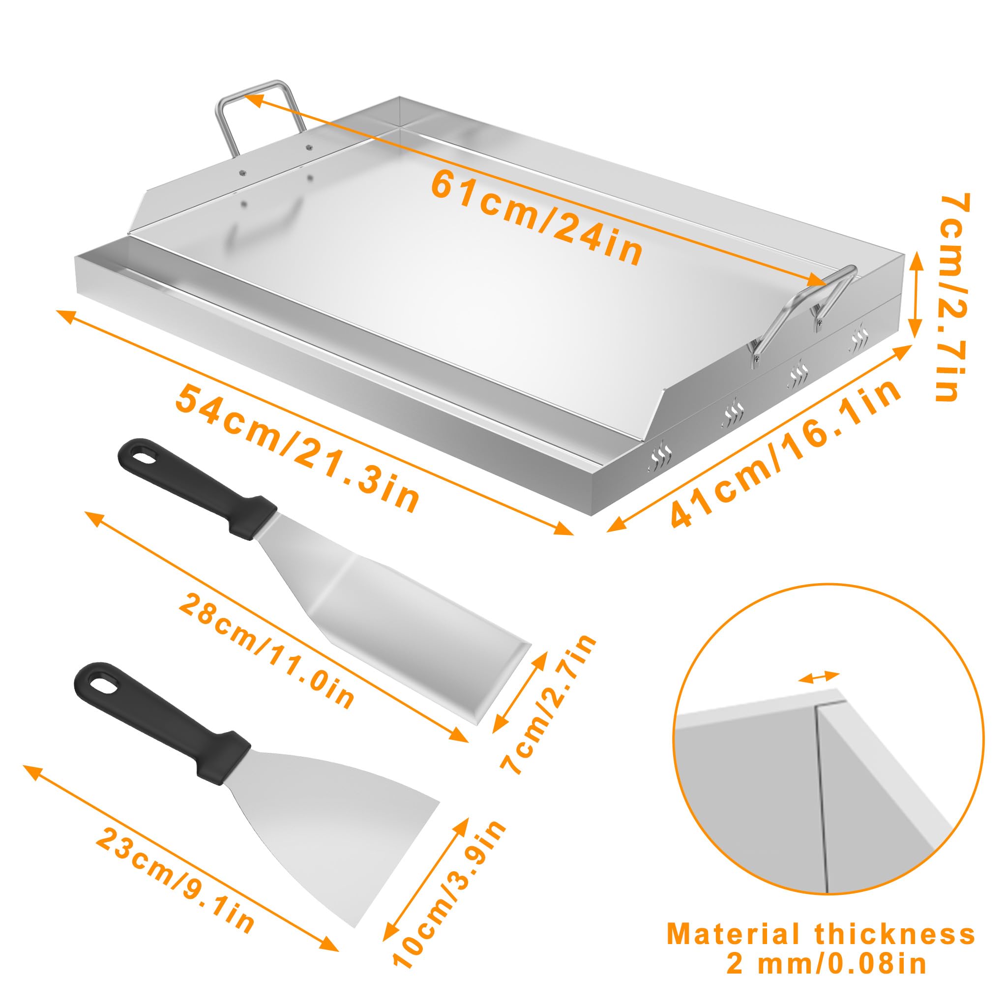 Aufun Piastra per barbecue in acciaio inox, 54 x 41 x 7 cm, universale, per barbecue a gas e carbone, con 2 spatole e 2 manici