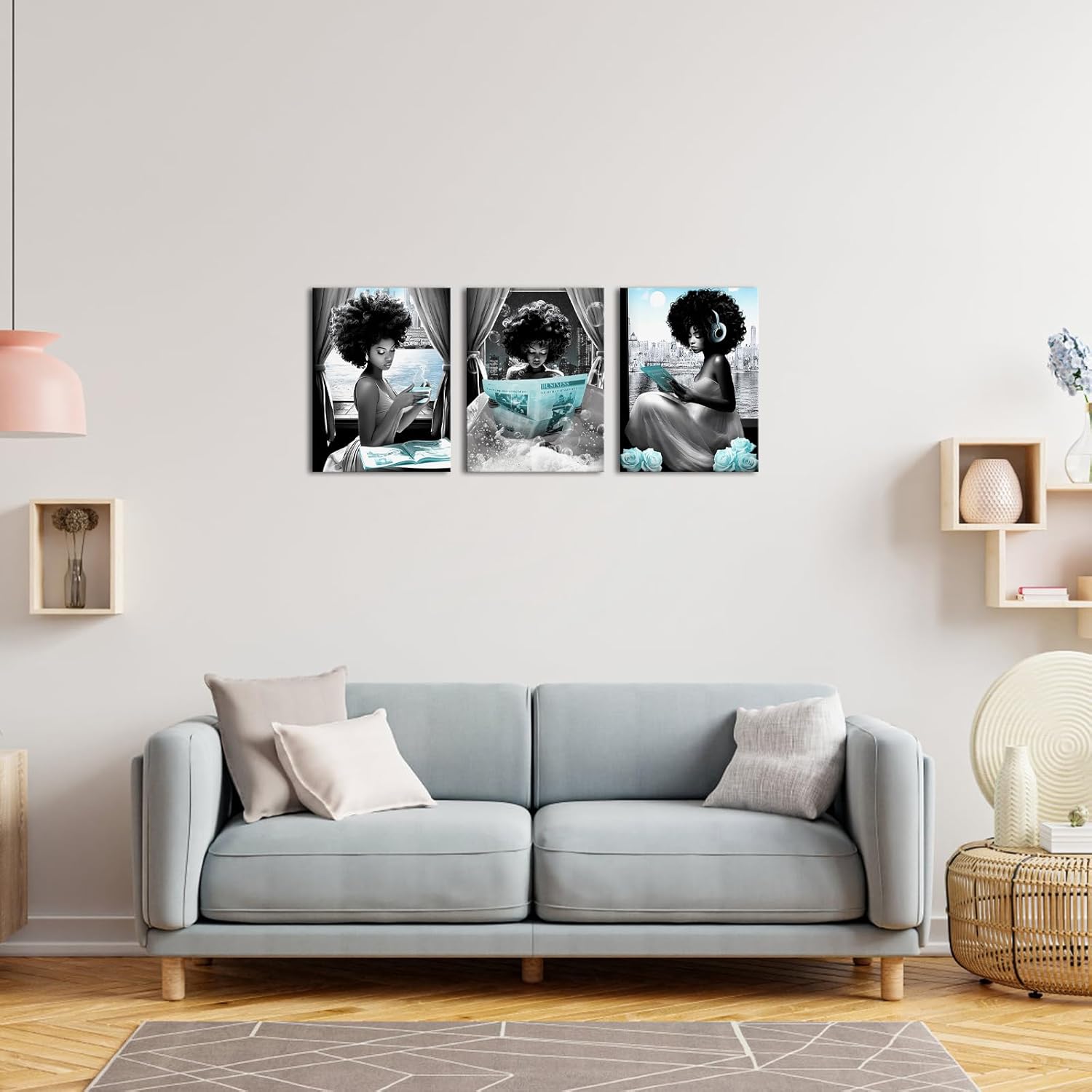 Apicoture Black Girl Canvas Wall Art African American Women inspirational Picture for Girl Room Bedroom Home Living Room (Blue)
