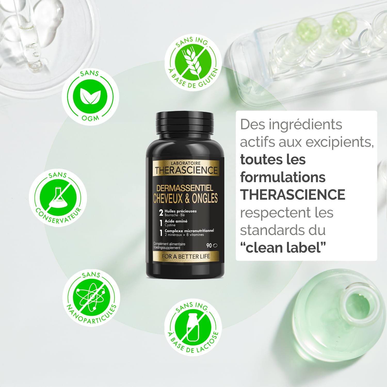 DERMASSENTIEL CHEVEUX & ONGLES | Nourrit & Fortifie | Cure 3 mois | 13 nutriments essentiels | Acide-γ-Linolénique et Céramides | Vitamines B6 & B8 | Cystine | 90 Capsules | Laboratoire THERASCIENCE
