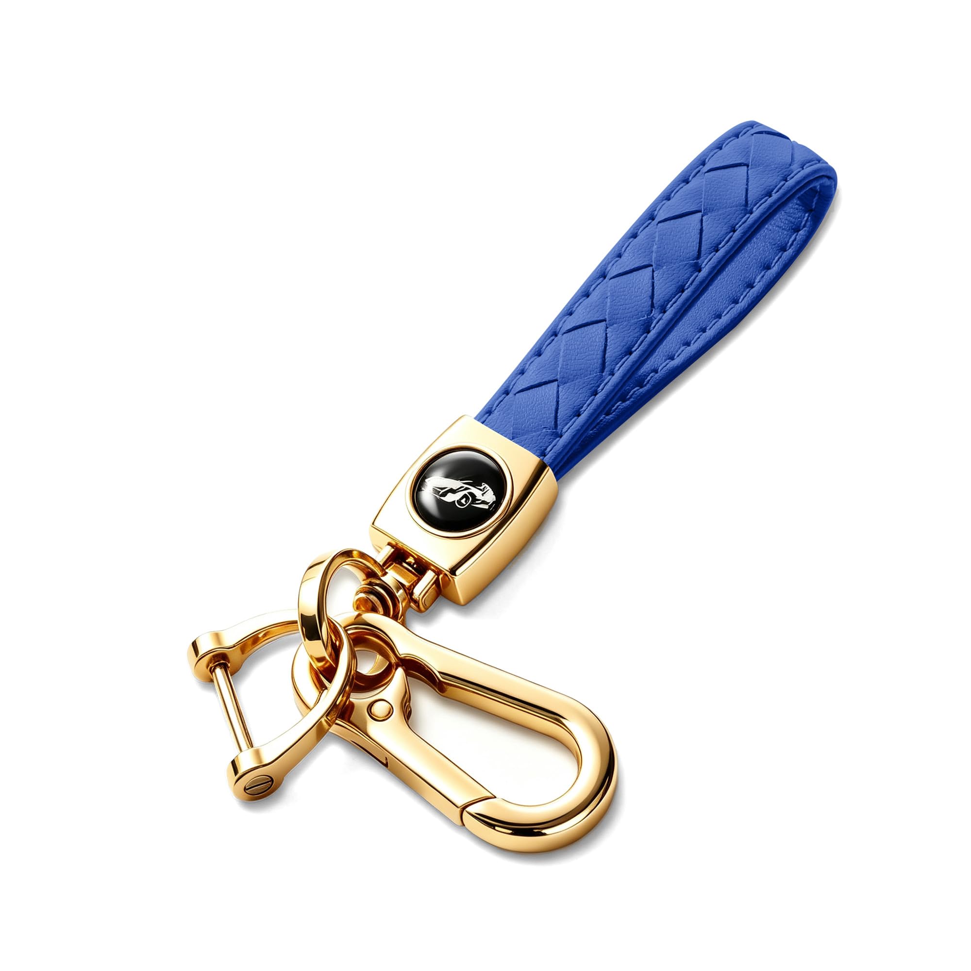 Gkeygo Carabiner Keychain, Universal Heavy Duty Woven Handmade Leather Key Chain, Car Fob Key Keychains with 360 Degree Rotatable Snap Swivel and Anti-Lost D-Ring for Men and Women,Light Gold - Blue