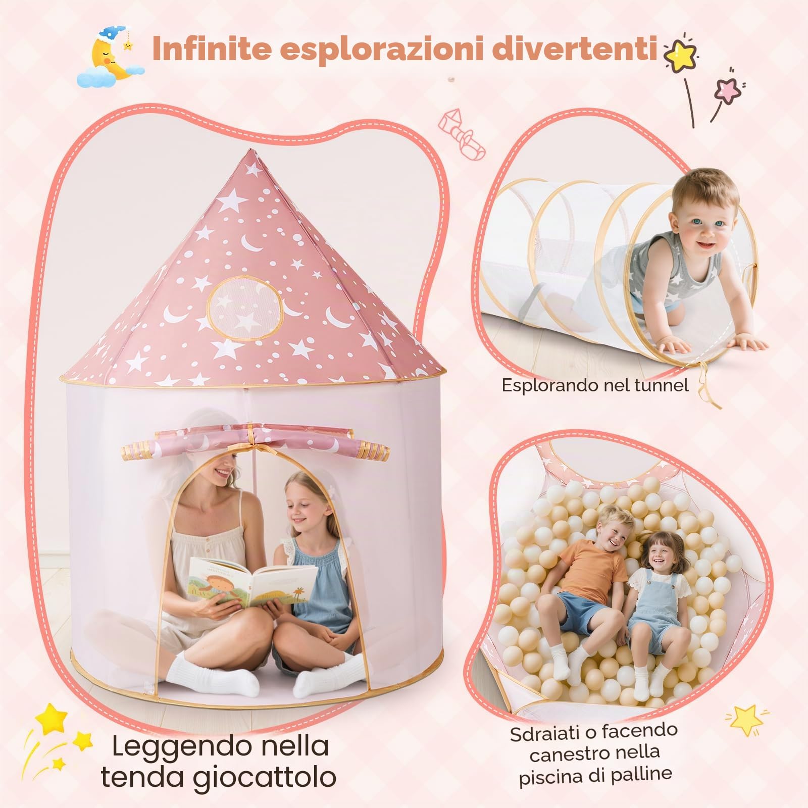 3 in 1 Tenda da gioco per bambini con tunnel e piscina di palline, castello pop-up per interni ed esterni, spazio di scansione pieghevole con canestro da basket