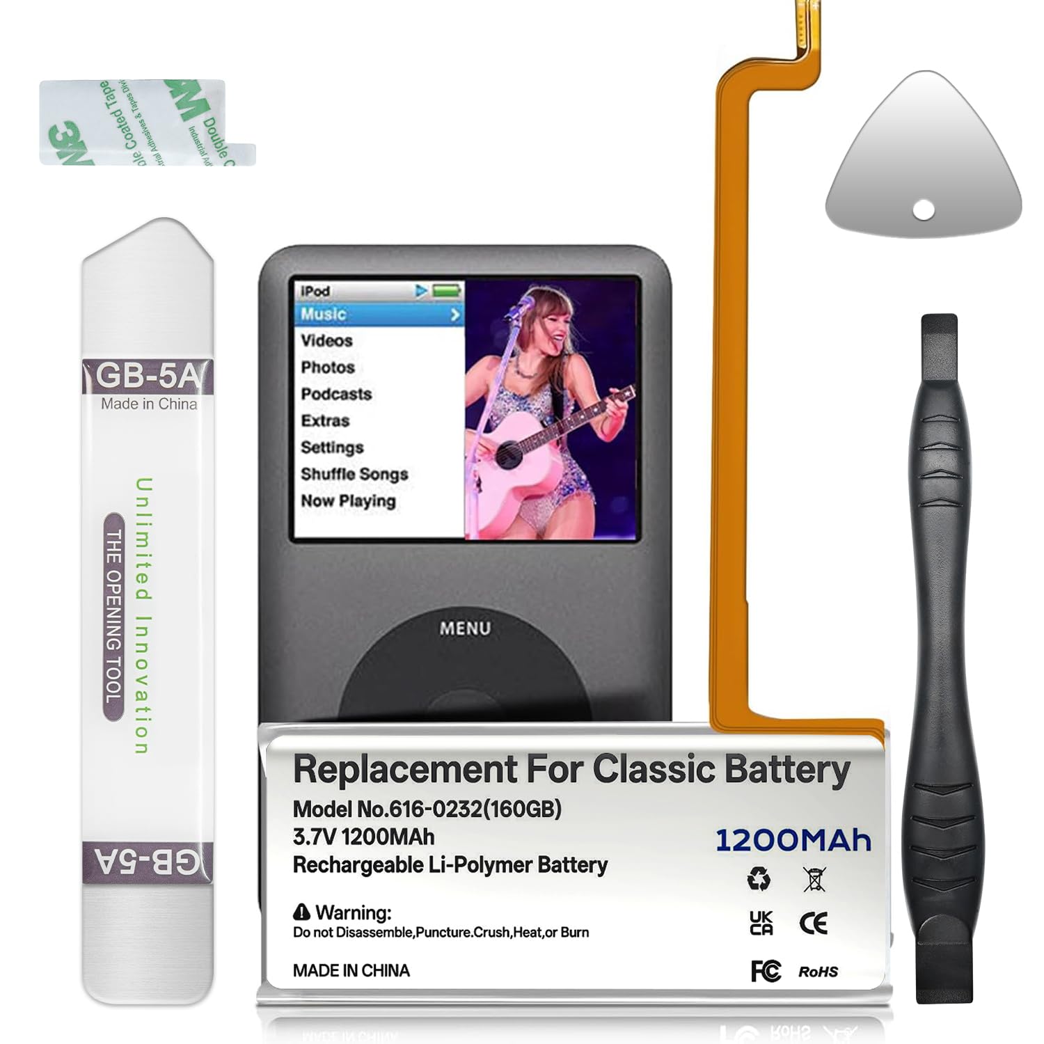 616-0232 Akku, 1200mAh Ersatzbatterie Hoher Kapazität Kompatibel mit iPod 5th-7th Generation Video Classic A1136 A1238 6th 80GB 6.5th 120GB 7th 160GB 5th 30GB mit Reparaturwerkzeug Kits