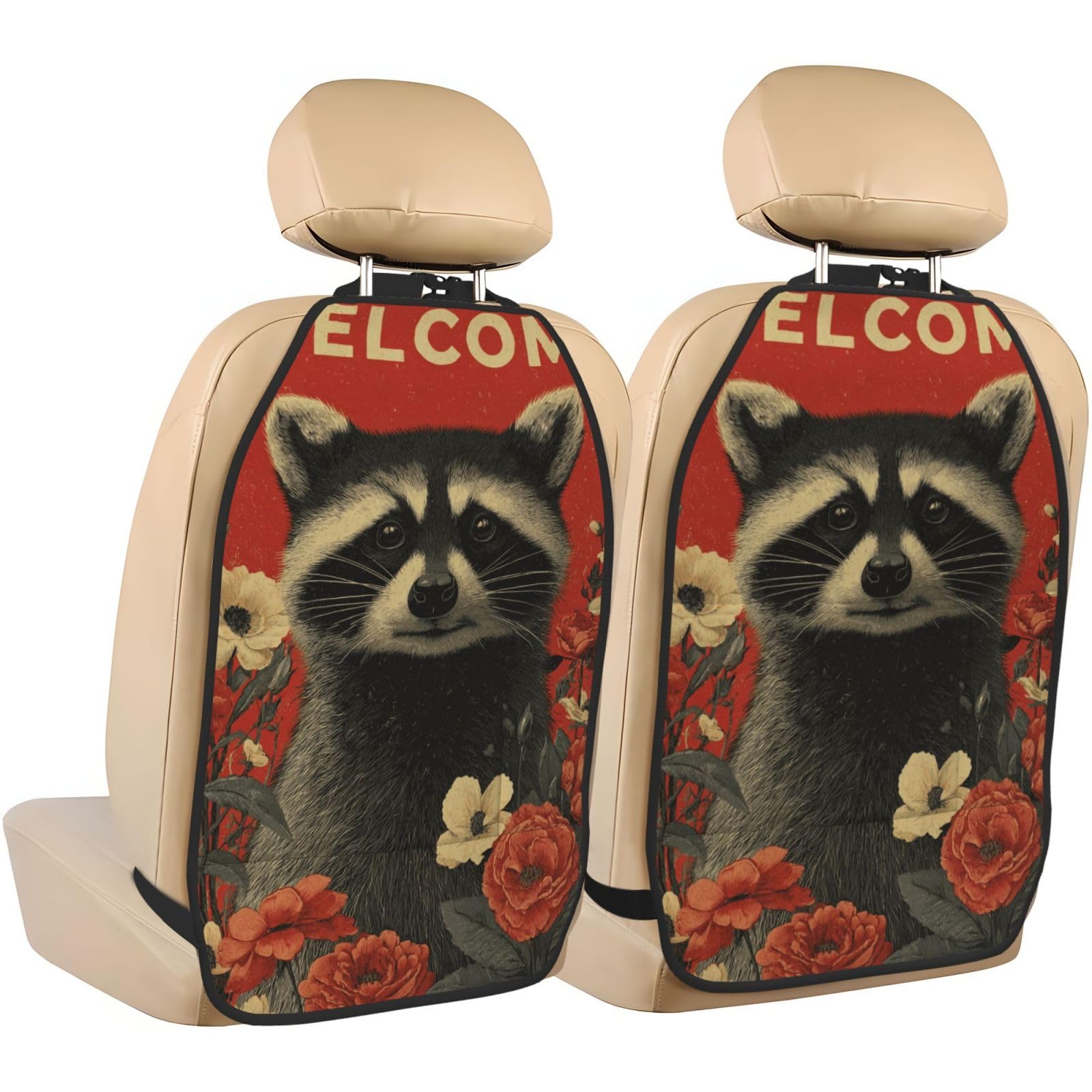 Protectores de patadas para asiento de coche con bolsillos de almacenamiento y mapache, 2 uds.
