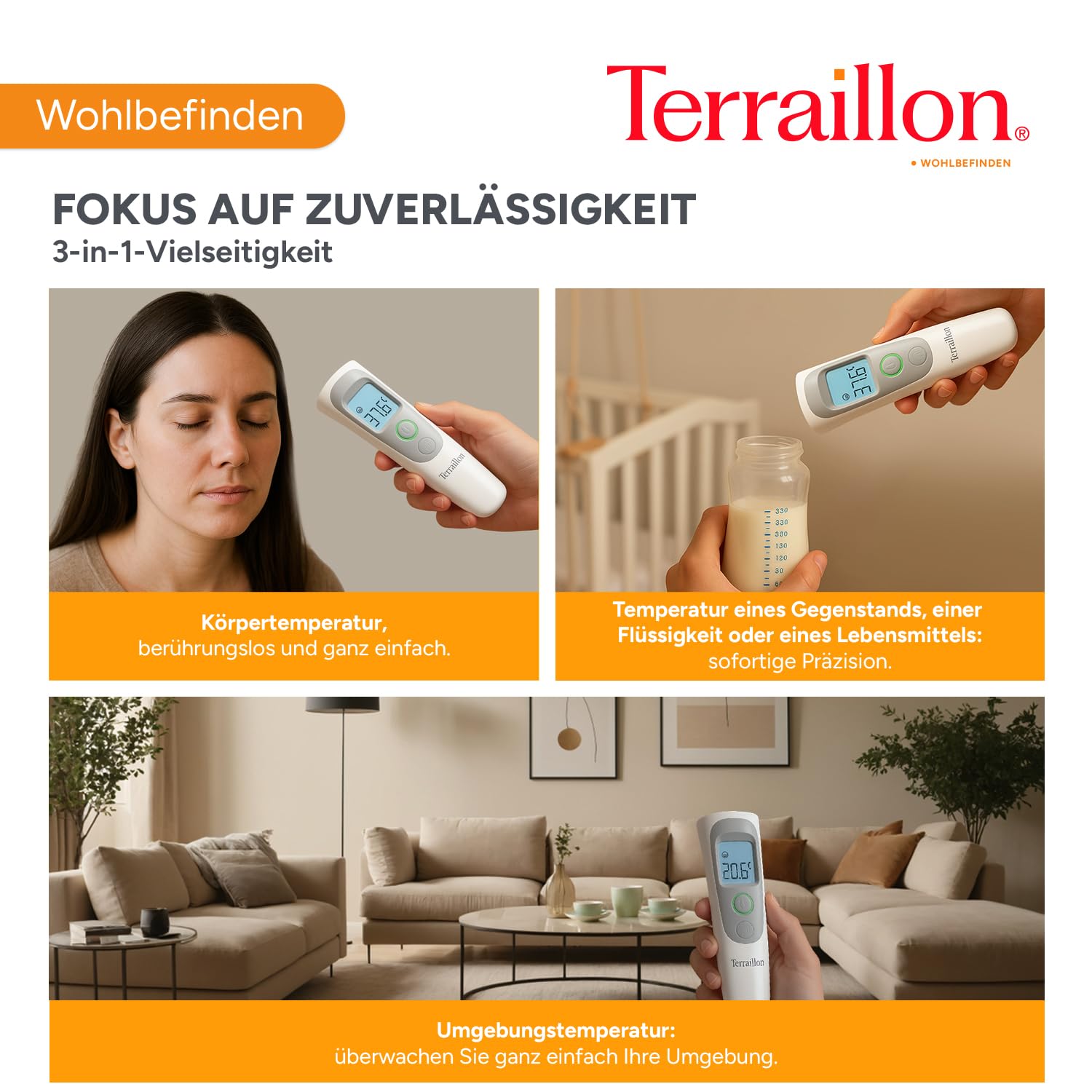 TERRAILLON Kontaktloses Infrarot-Thermometer – Für Erwachsene und Babys – Misst Temperatur von Körper/Objekten/Flüssigkeiten/Umgebungsluft – Speichert die letzten 9 Messungen – Weiß/Grau