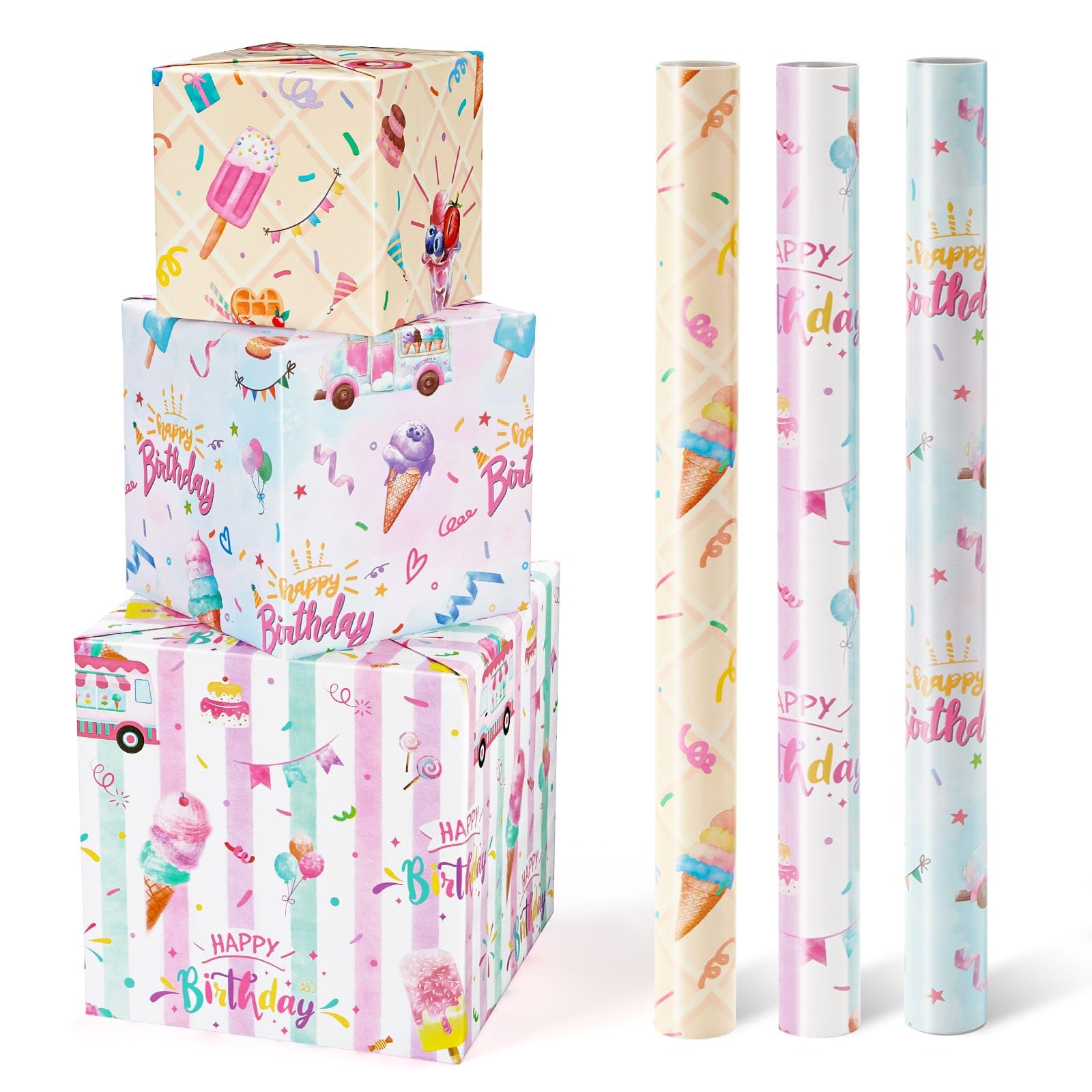 WERNNSAI Ice Cream Wrapping Paper Rolls - 3 Short Rolls Birthday Wrapping Paper Rolls, Pink Ice Cream Wrapping Paper, Kids Wrapping Paper Rolls, Summer Wrapping Paper with Cut Lines, 17" x — image 1
