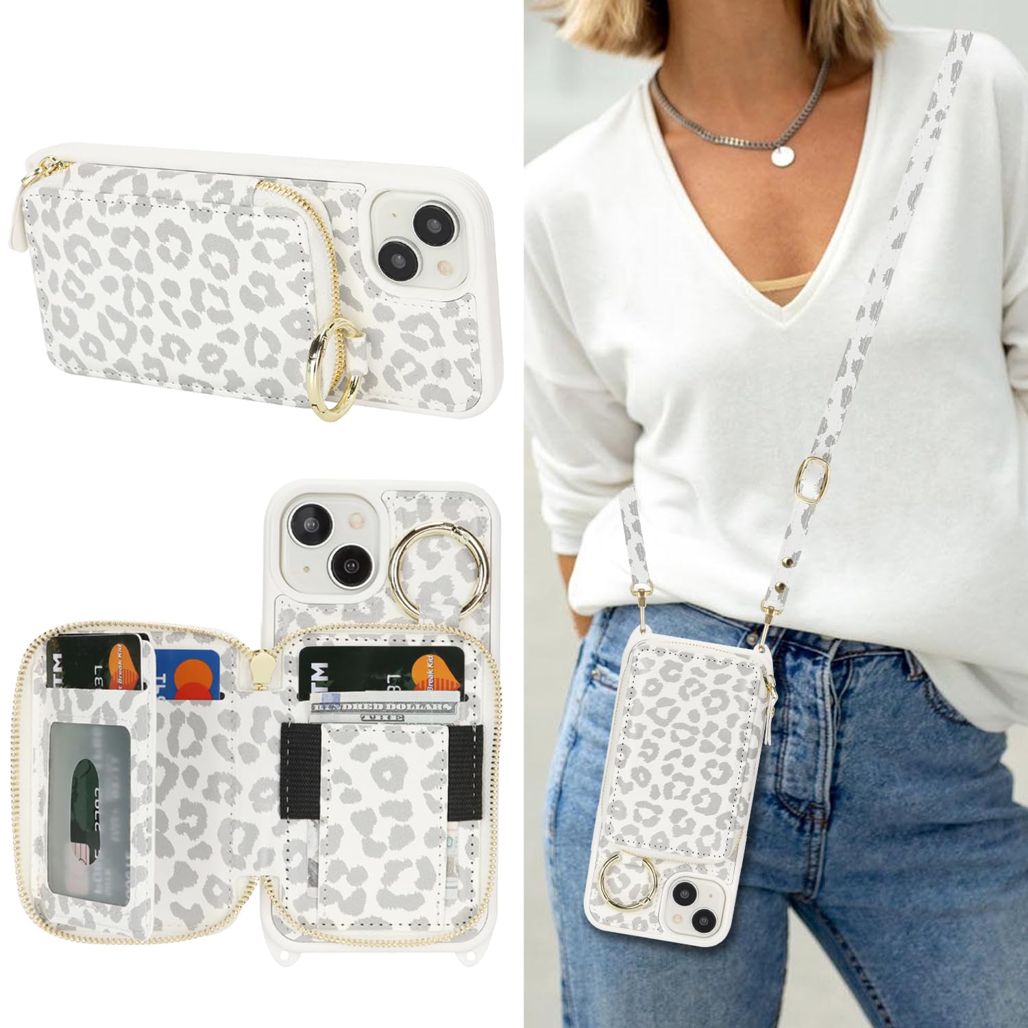 Crossbody Wallet Case for iPhone 13-White Leopard