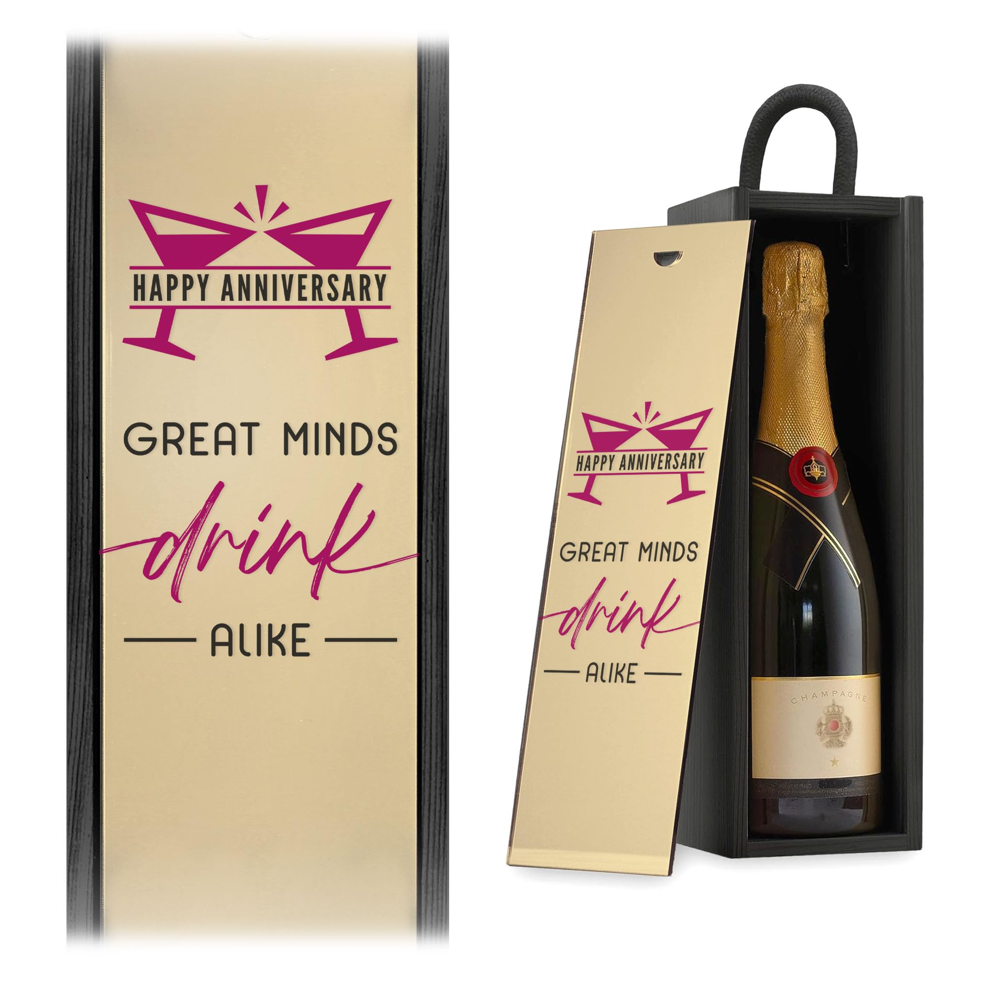 Happy Anniversary Great Minds Drink Alike Wine Gift Box Champagne Gift For Couple Romantic Wine Gift Box (Gold Mirror, Natural Box)