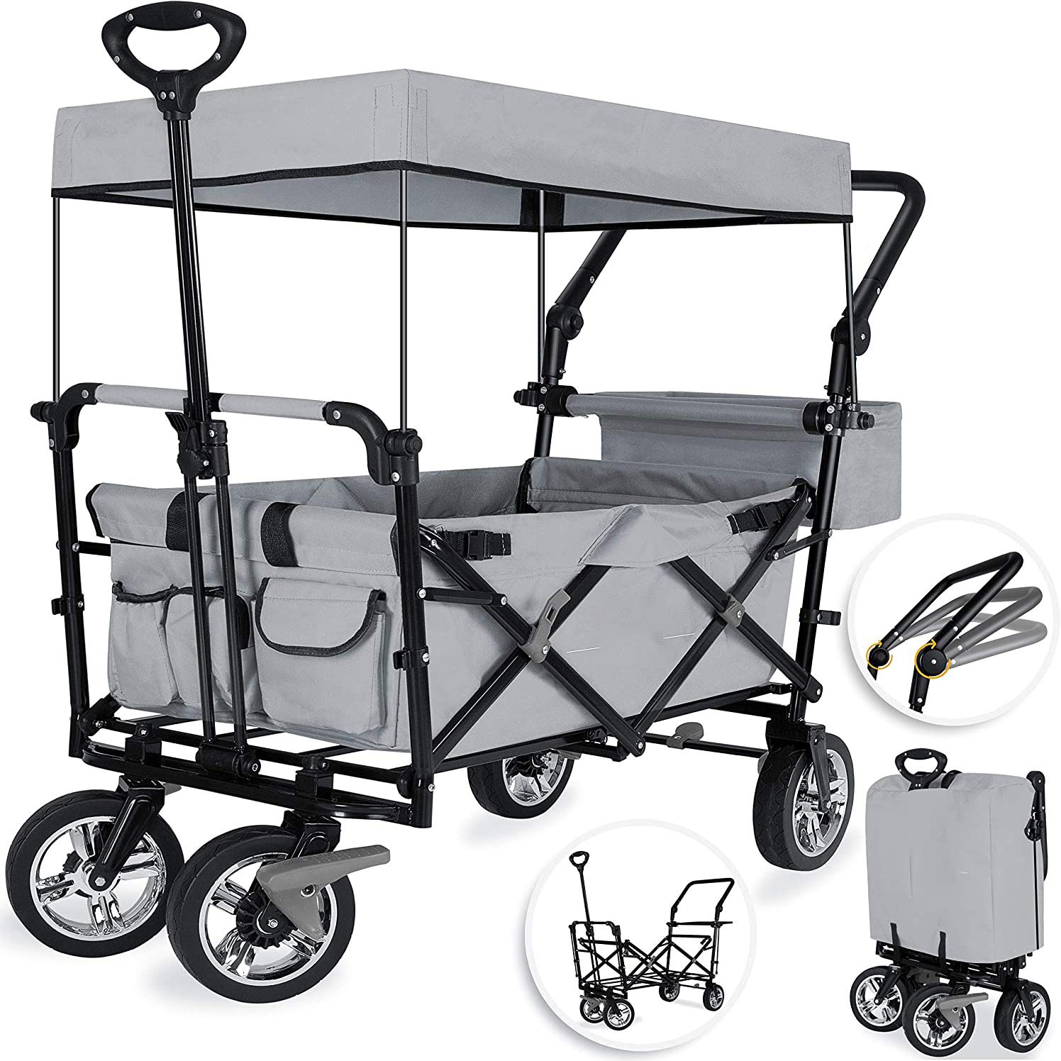 Collapsible Outdoor Wagon, with Removable Canopy, Portable Folding Wagon, 600D Oxford cloth,Silver