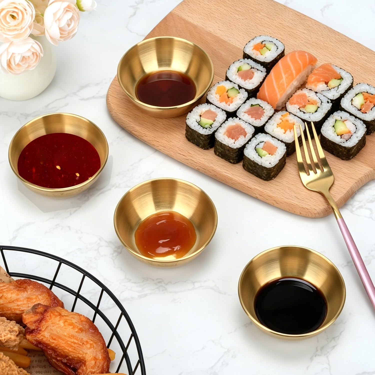 Dip Bowls Set 8pcs, 8 pcs 3.1 inch Stainless Steel Seasoning Dishes, Sushi Dipping Bowl Mini Individual Saucers Bowl (Gold)