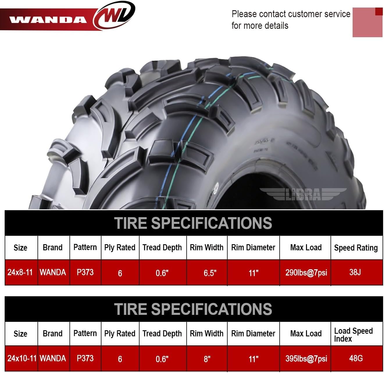WANDA UTV ATV Tires 24x8-11 Front & 24x10-11 Rear /6PR P373 Lit Mud