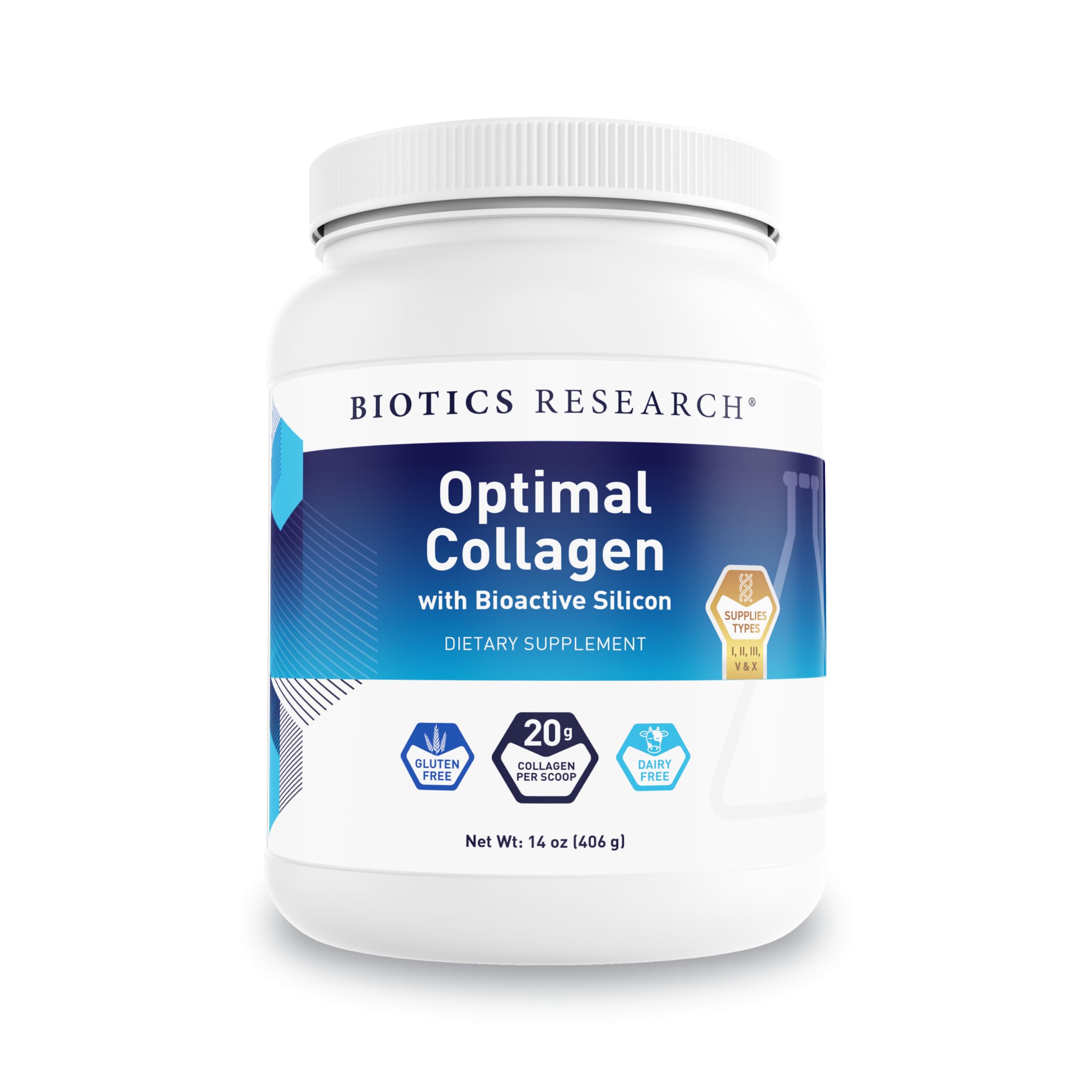 Biotics Research Optimal Collagen Easy-to-Mix Broad-Spectrum Collagen Bioactive Silicon Collagen Types I II III V X 20 Grams