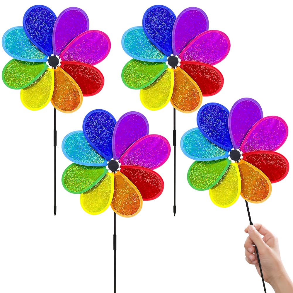 Rppiup 4pcs Wind Spinners for Garden, 30cm/12.8 Inch Rainbow Sparkly Garden Wind Spinners, Colorful Reflective Bird Scarer Windmill, Windmills for Outdoor Yard Lawn Boys Girls Party Pinwheels Favor