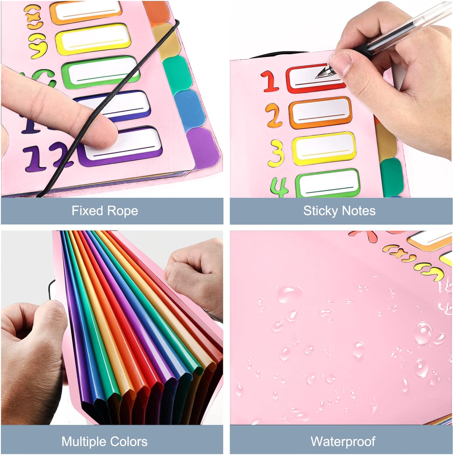 Delamiya Porte-documents A4, portable, avec 12 compartiments, en plastique polypropylène, avec élastique, étanche, pour l'école, les fournitures de bureau (noir)