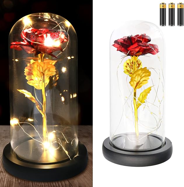 TINYOUTH Light Up Rose In Glass Dome Black Base, 24K Red Rose with 20 LEDS String Light, Batteries Included Beauty and the Beast Rose for Women/Her/Mum Wedding Anniversary Valentines Birthday Xmas
