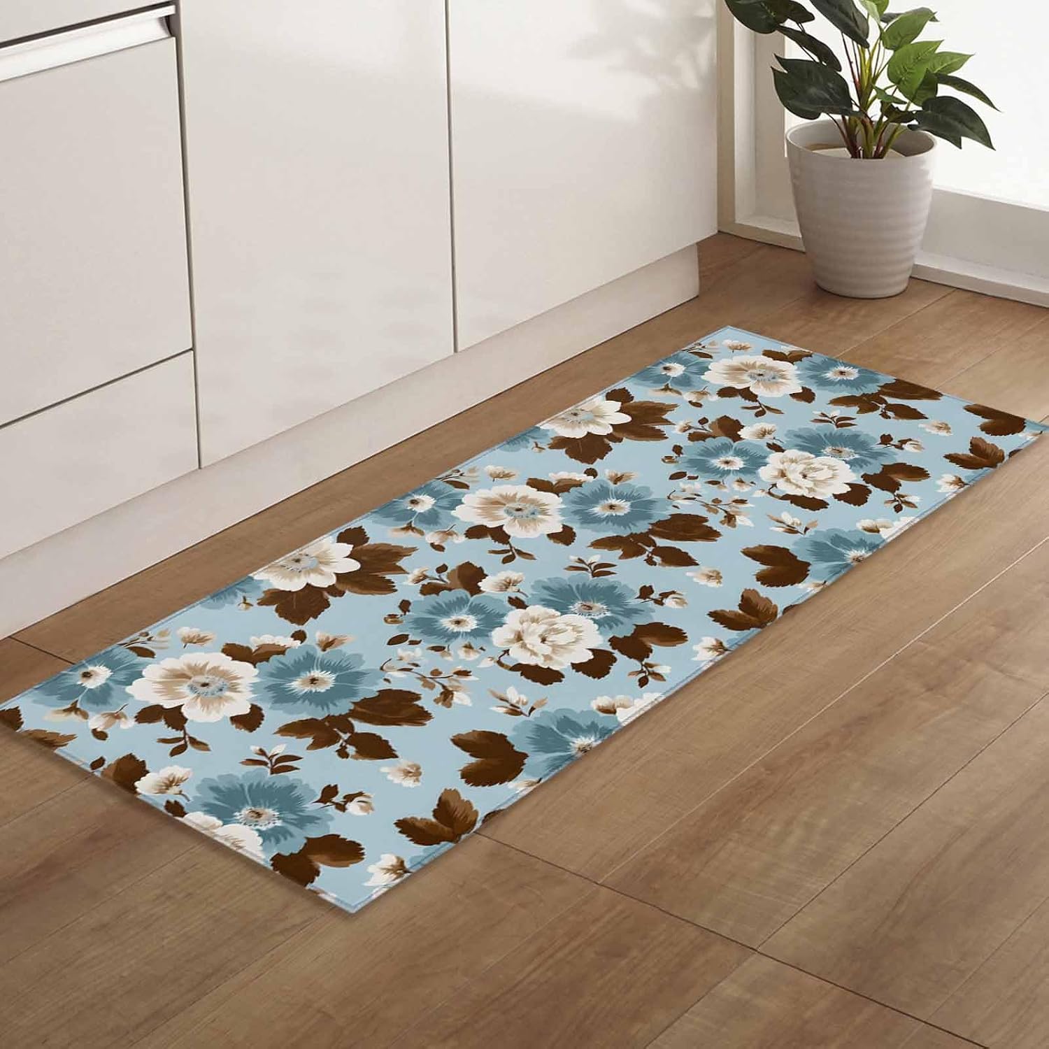 Teamery Kitchen Mats for Floor Beige Flowers Brown Leaves on Blue Washable Non Slip Kitchen Rugs 1PCS, Retro Floral Plants Absorbent Standing Mats for Sink Bathroom Office Living Room 15.7x47.2in