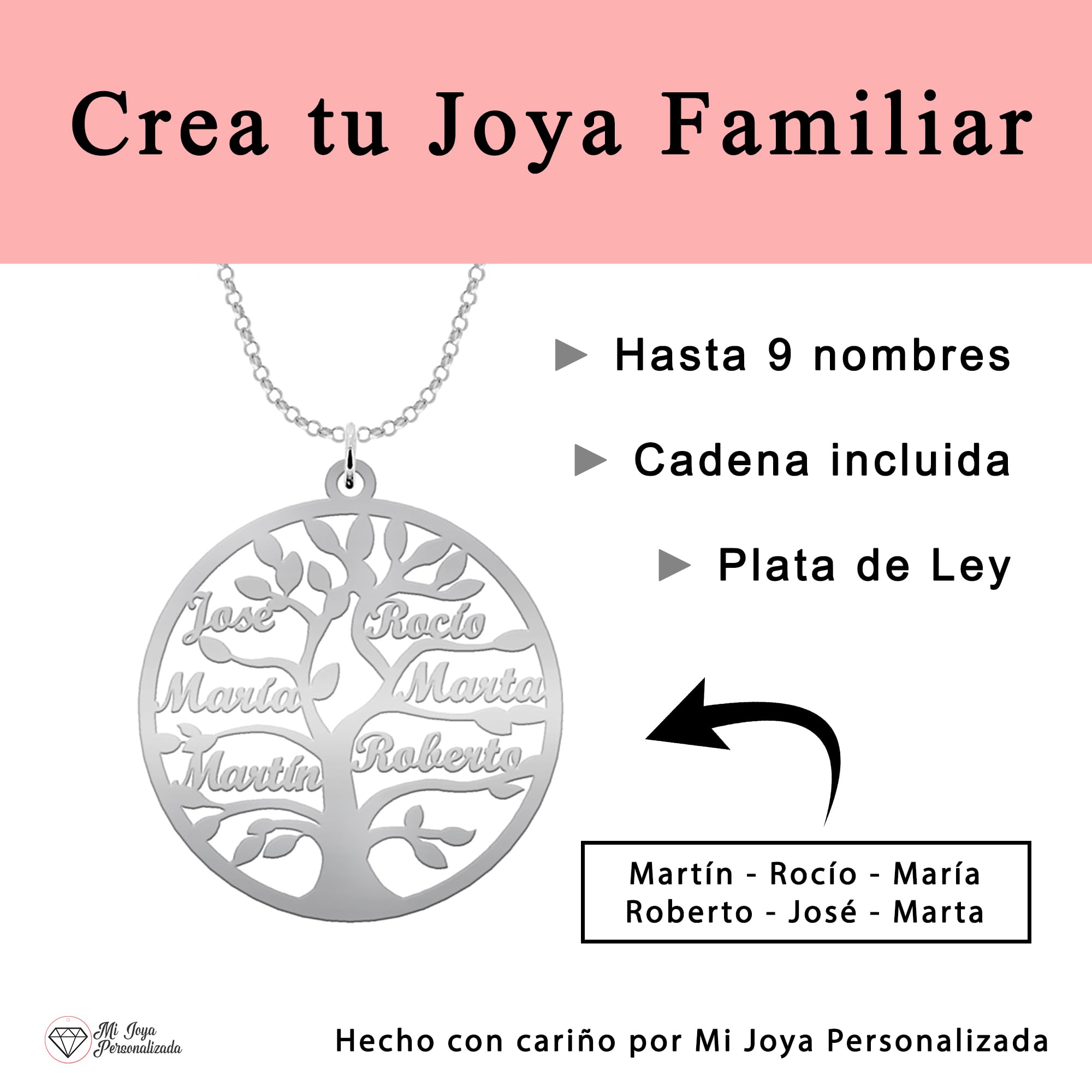 Collar Árbol de la Vida para Mujer Plata de Ley - Colgante Regalo Original para Madres y Abuelas donde incluir Nombres de su Familia, hasta 9 Nombres (3 Nombres)