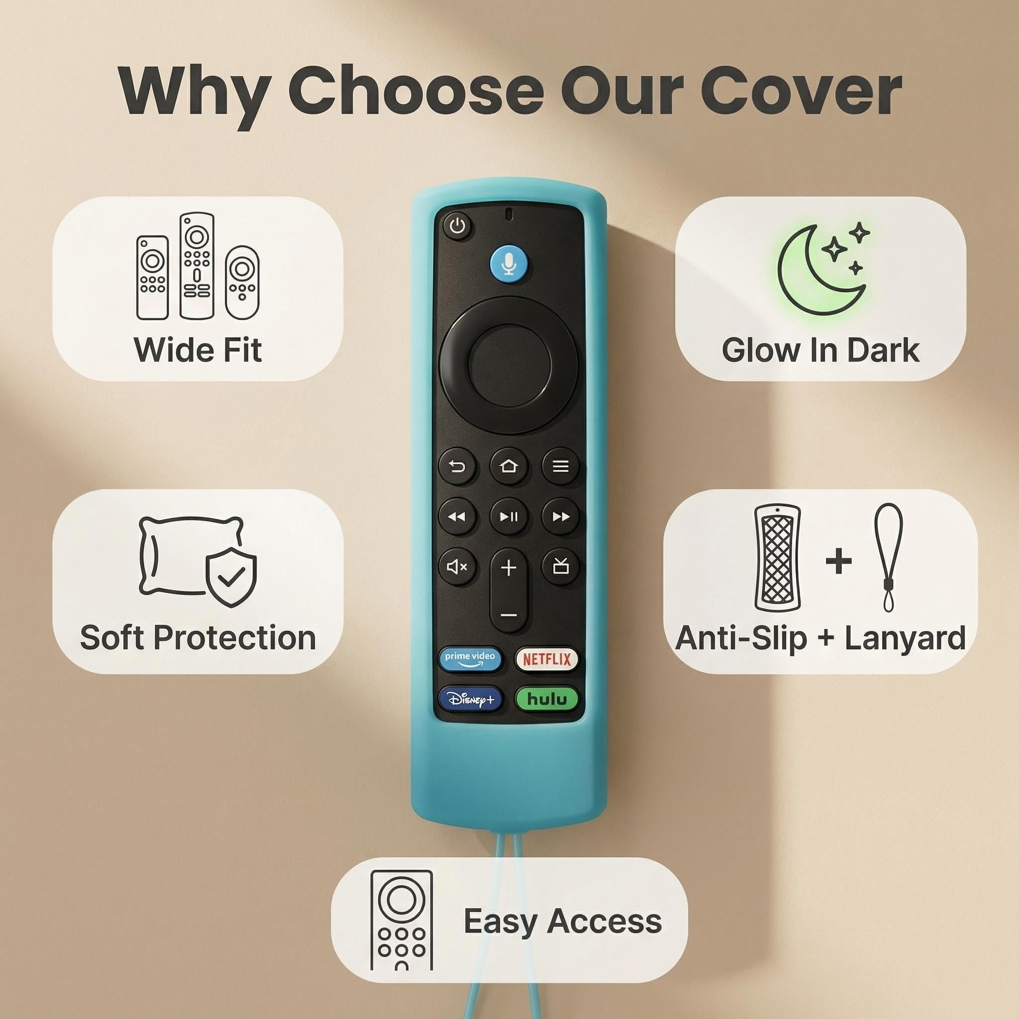 Confezione da 3 cover in silicone per telecomando Fire TV da 5,6 pollici, custodia protettiva che si illumina al buio con cordino, design con grande apertura, adatta a tutti i telecomandi