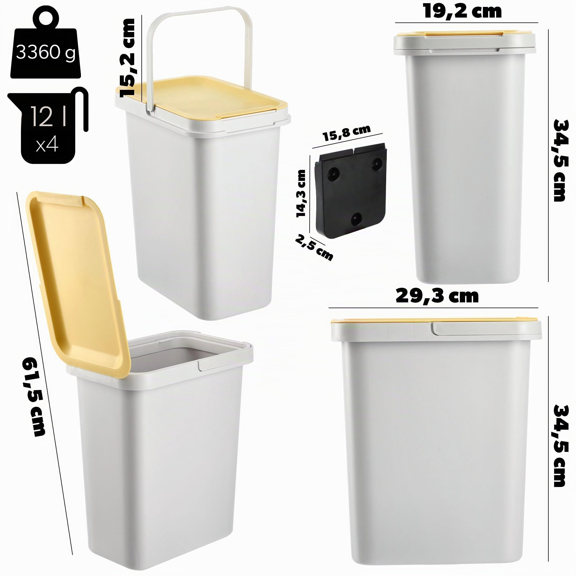 KADAX Set di Pattumiera per Raccolta Rifiuti, Sistema di Raccolta, Robusto Contenitore Con Coperchio Denso, in Plastica (Bianco 4 x 12L)