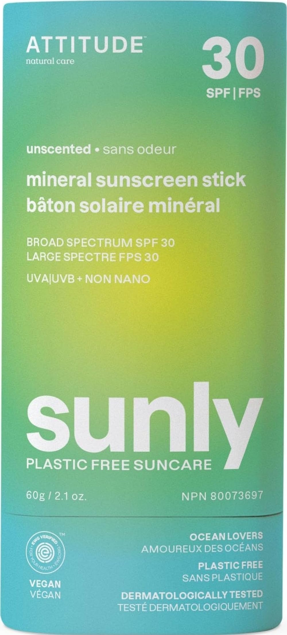 Mineral Sunscreen Stick with Zinc Oxide, SPF 30, EWG Verified, Plastic-Free, Broad Spectrum UVA/UVB Protection, Dermatologically Tested, Vegan, Unscented, 2.1 Ounces