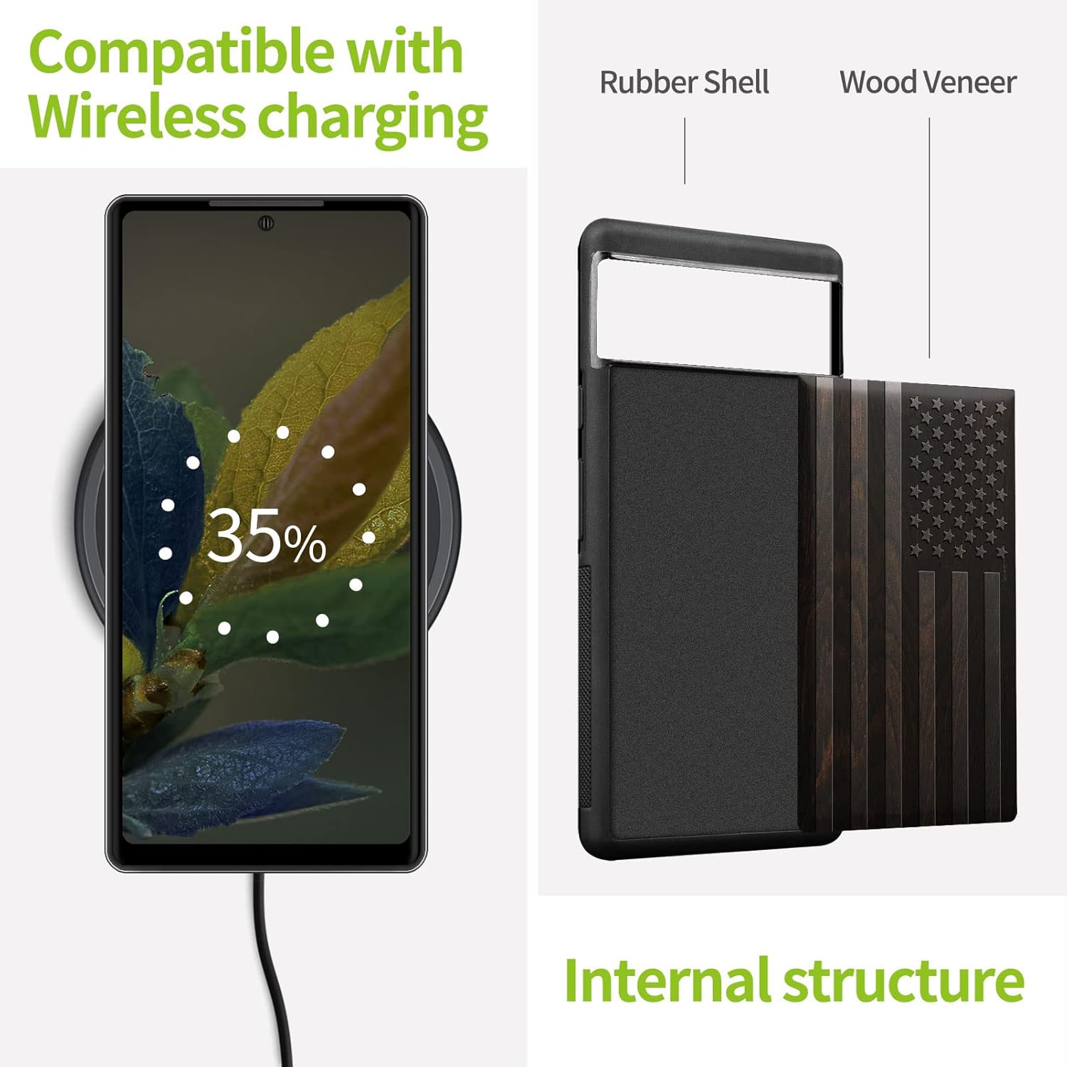 Carveit Wood Case for Pixel 6a - Natural Wood & Black Soft TPU Shockproof Protective Cover - Unique & Classy Wooden Case - Compatible with Google Pixel 6a (American Flag-Blackwood)