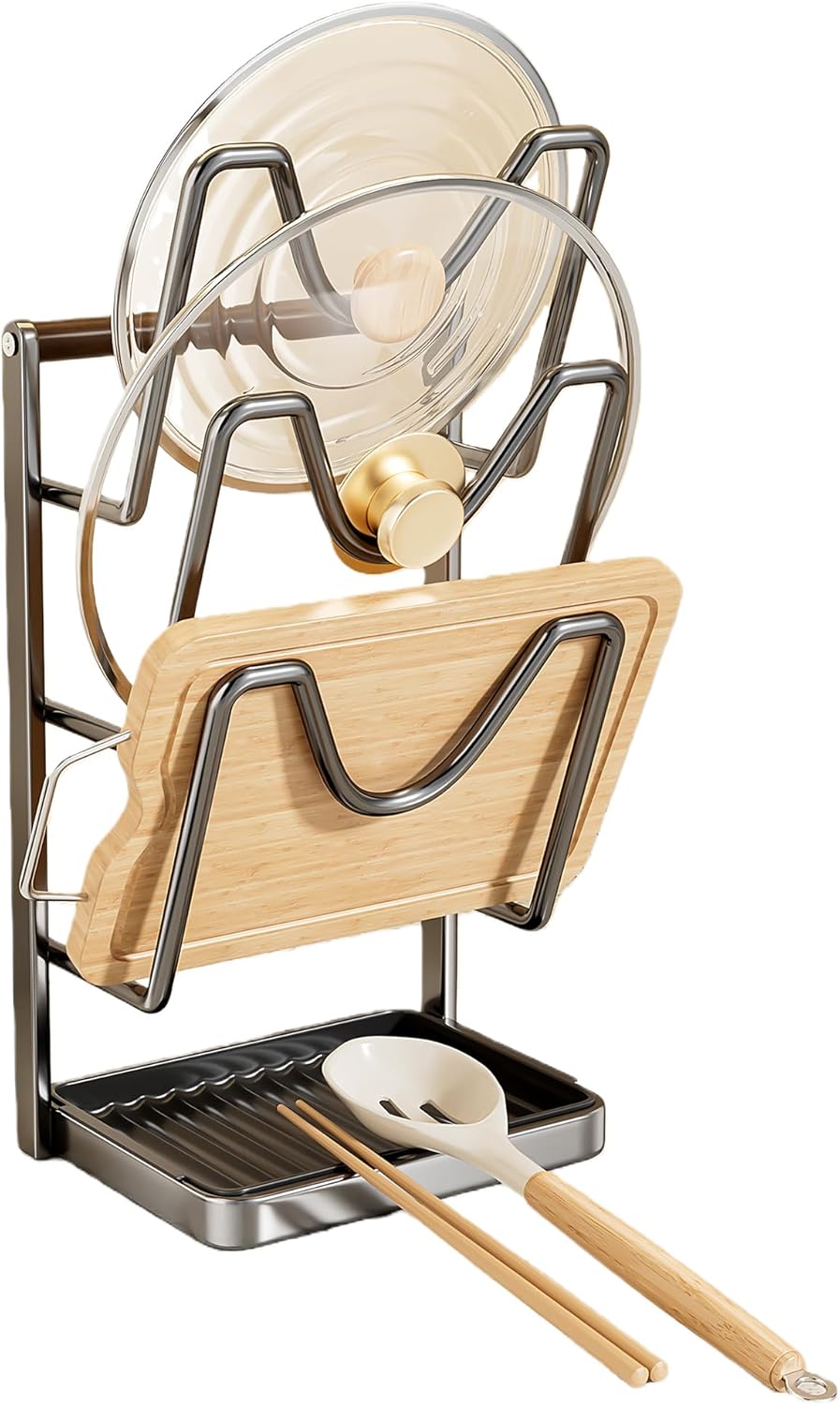 Pot Lid Holders, Kitchen Pot Lid Storage Rack, Pot Lid Organizer for Countertop, Stainless Steel Holders with Removable Drip Tray, Suitable for Kitchen Countertop (3 Layer)