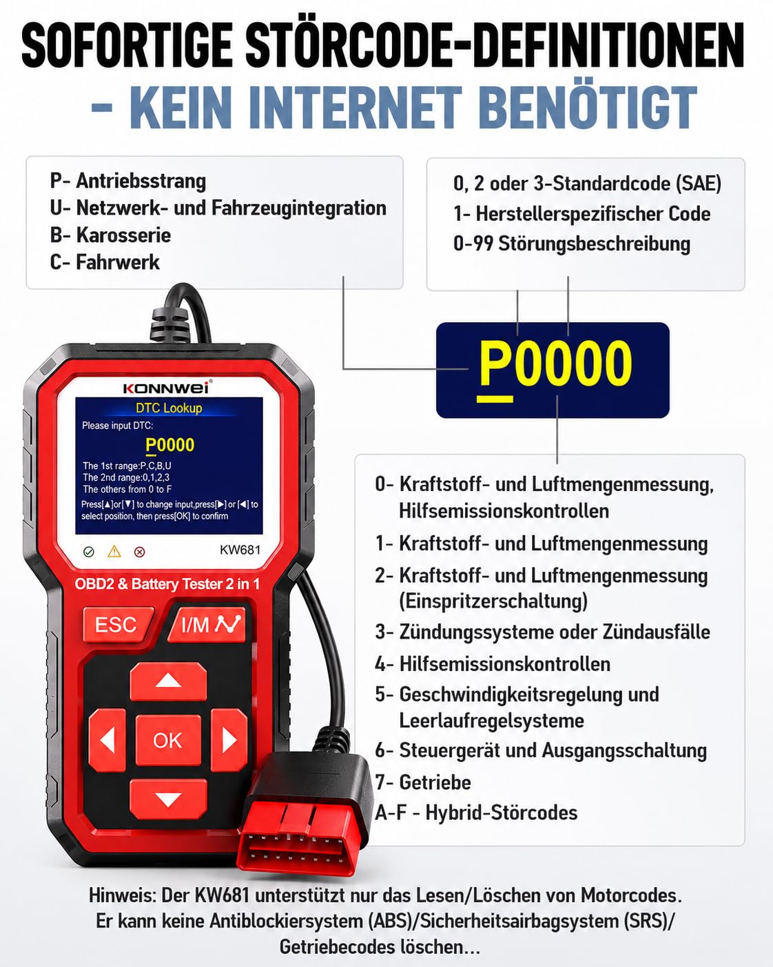 KONNWEI KW681 OBD2 Diagnosegerät Auto Auslesegerät & Batterietester 2-IN-1 | Universal KFZ Fehlercode Lesegerät mit Ein-Klick-I/M, 6V 12V Autobatterie Tester für Batterietests Anlasstests & Ladetests