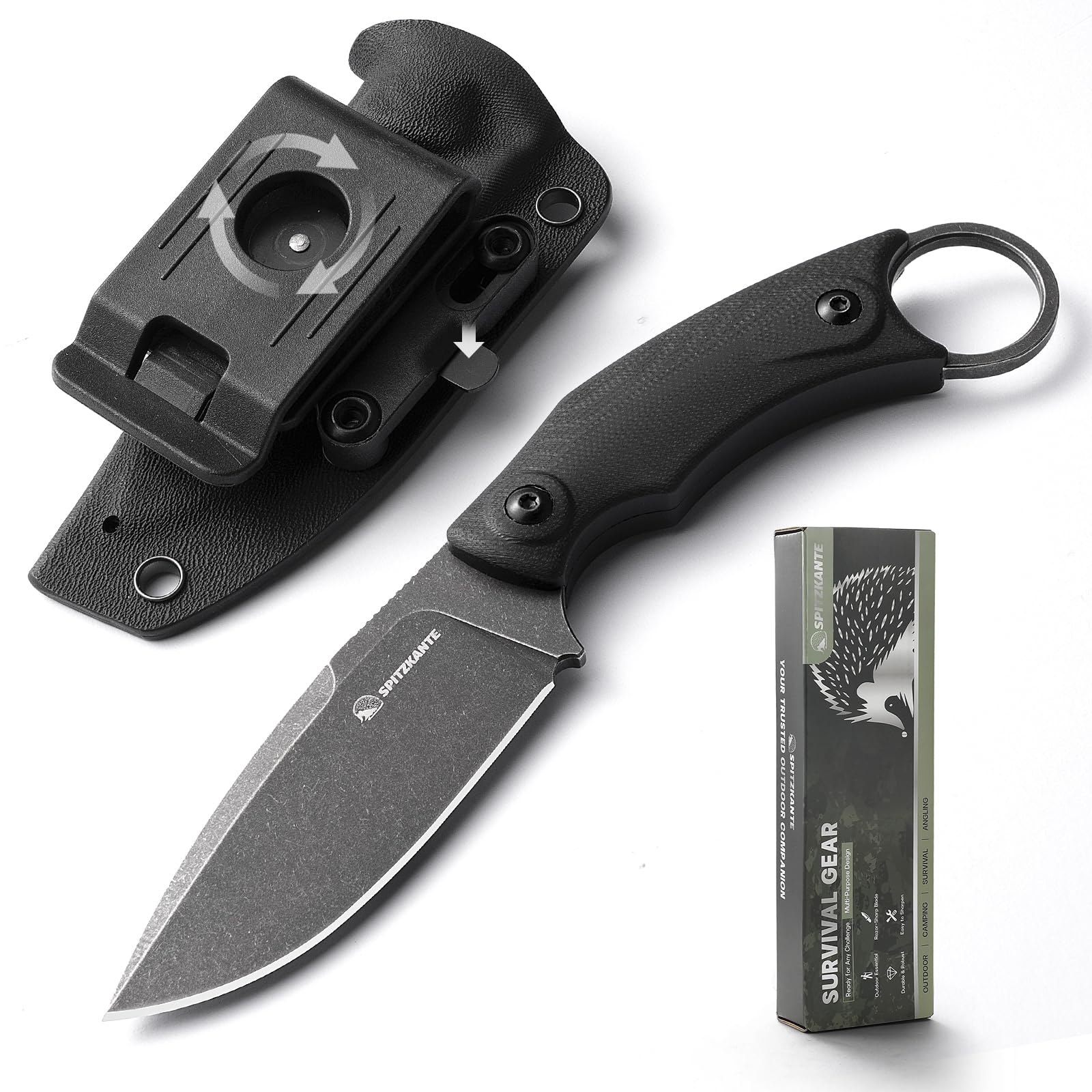 SPITZKANTE SSH-A Fixed Blade Survival Knife with Rotating Clip, D2 Steel Full Tang 6.92