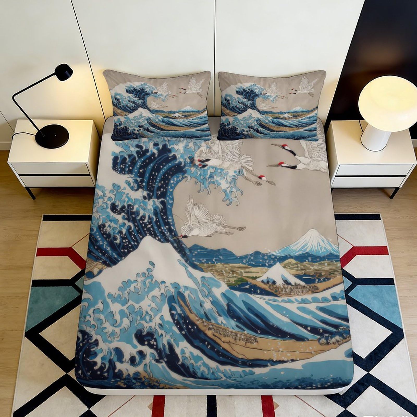 3D Printed Japanese Great Wave Fitted Sheet Microfiber Blue Art Ocean Bed Cover for Bedroom Dorm Mattress Decor 90x200x25cm