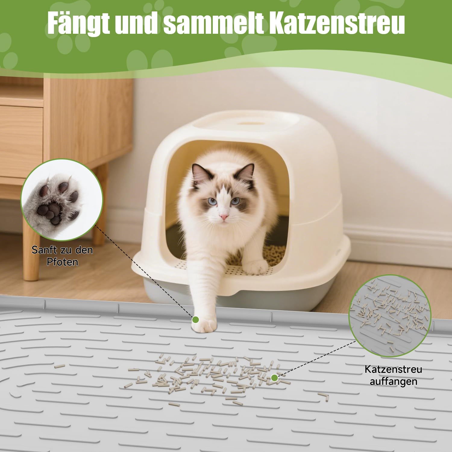 Silikon Katzenklo Matte mit Verteilerrillen, Erhöhtem Rand, 101x71cm XXL, Wasserdichte Katzentoilette Unterlage, Rutschfeste Katzenstreu Matte, Bodenschutz Vorleger, Reinigendes Katzenzubehör