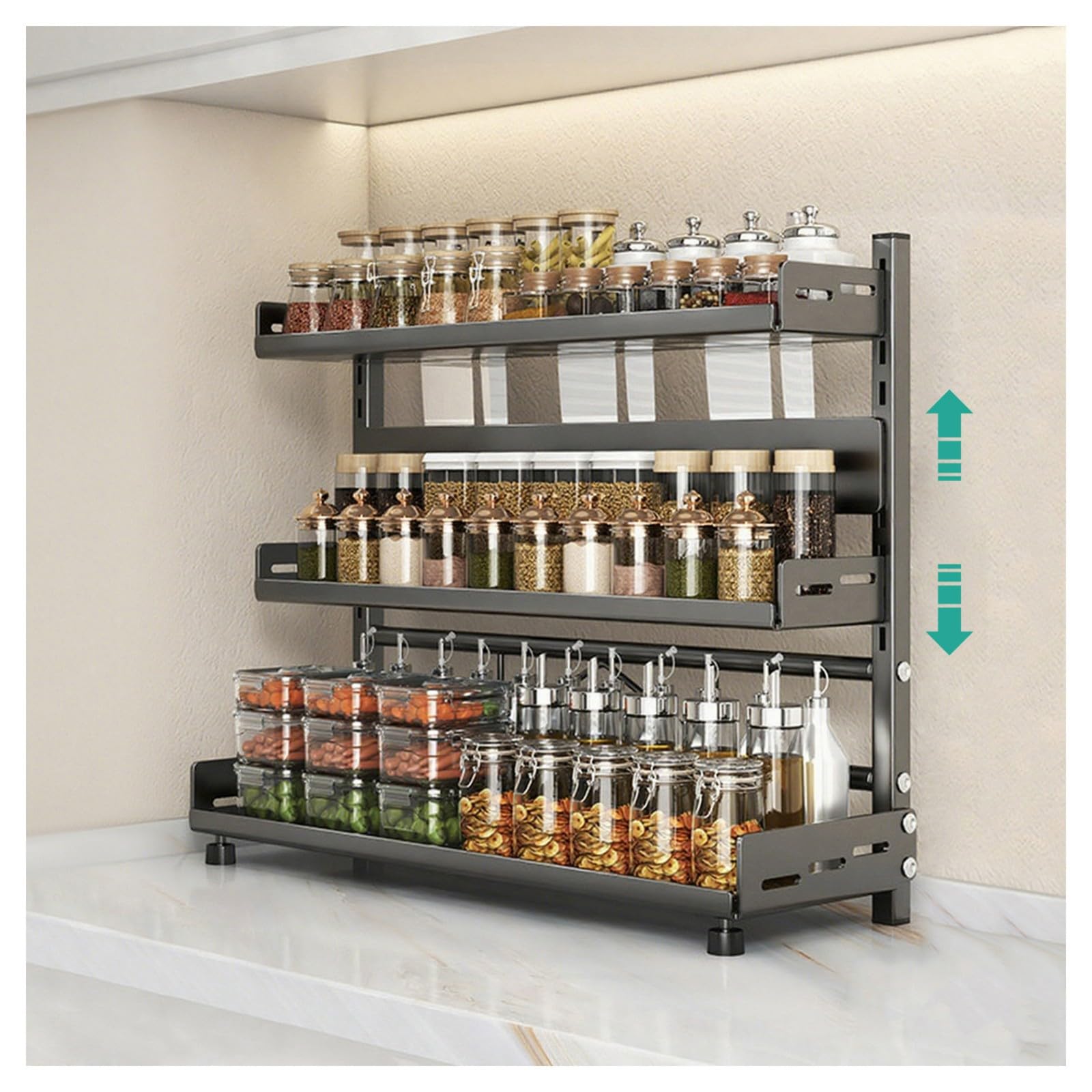 HADECOLL 3-Tier Adjustable Spice Rack, Height-Adjustable Metal Kitchen Organizer With Knife Slot, Rustproof Storage For Countertop And Cabinet,Black-3 Tier-50cm