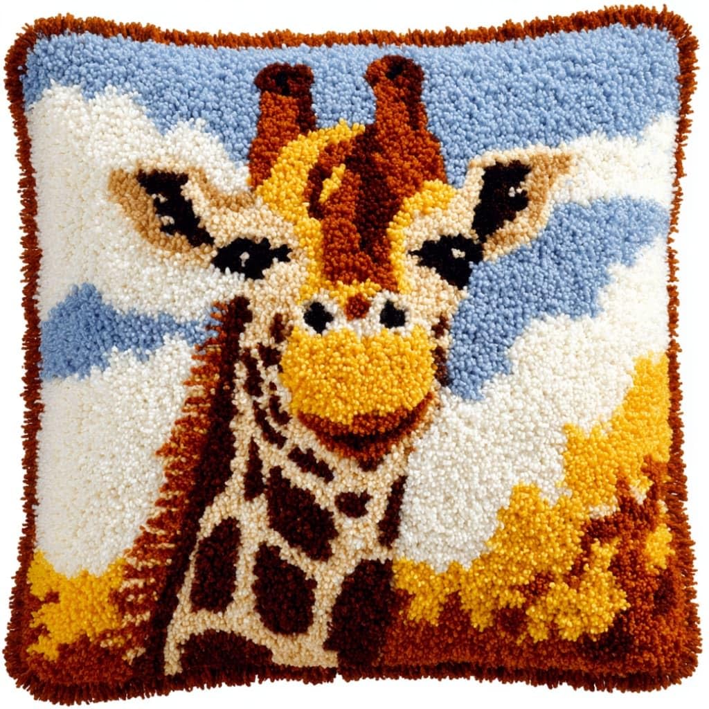AxiangziK Latch Hook Cushion Kits,Giraffe DIY Needlework Pillow Cover Cushion Rug Making Kit,17X17Inch Handmade Embroidery Kits, Decorative Throw Pillow Cover for Sofa Cushions, Bedroom Decor