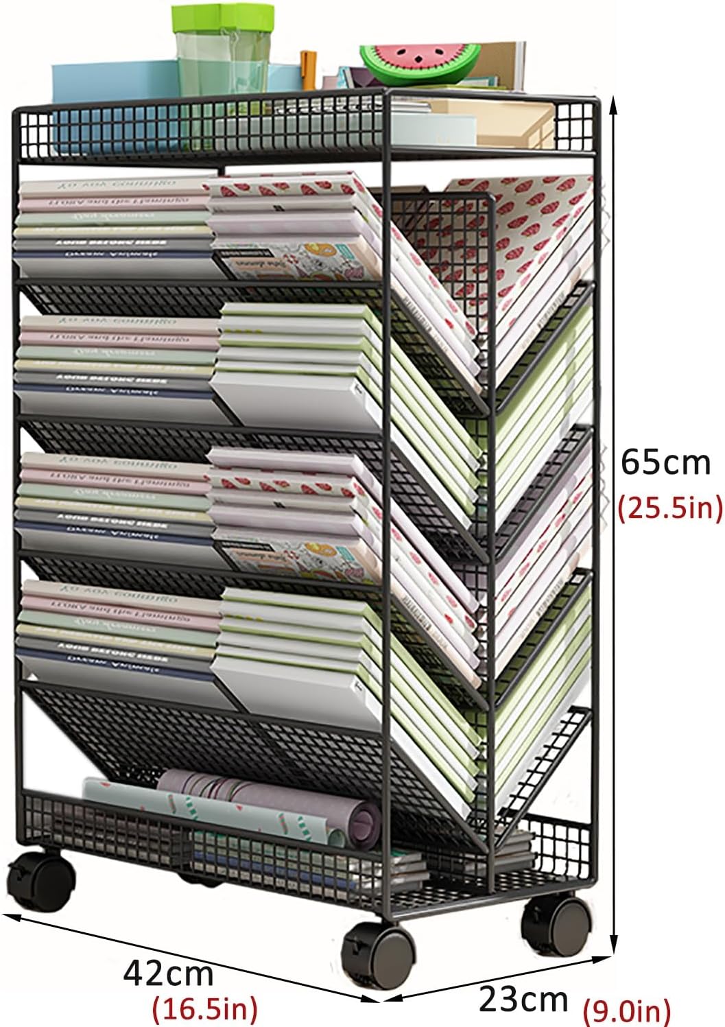 6 Tier V Shaped Rolling Book Cart with Lockable Wheels for Home Office Black Color Movable Desk Side Bookshelf for Library Bedroom Study Living Room