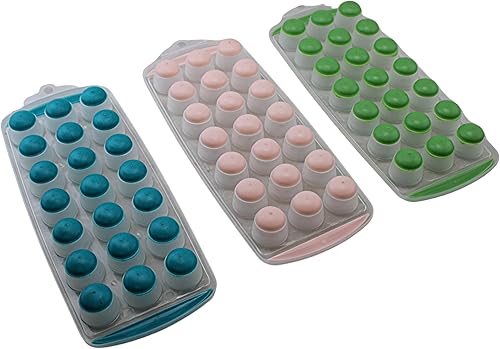 Miniatura 2 de Dependable Industries Inc. Essentials Paquete de 3 bandejas de cubitos de hielo de silicona sin BPA de varios colores  Haz 21 cubos redondos  Tamaño