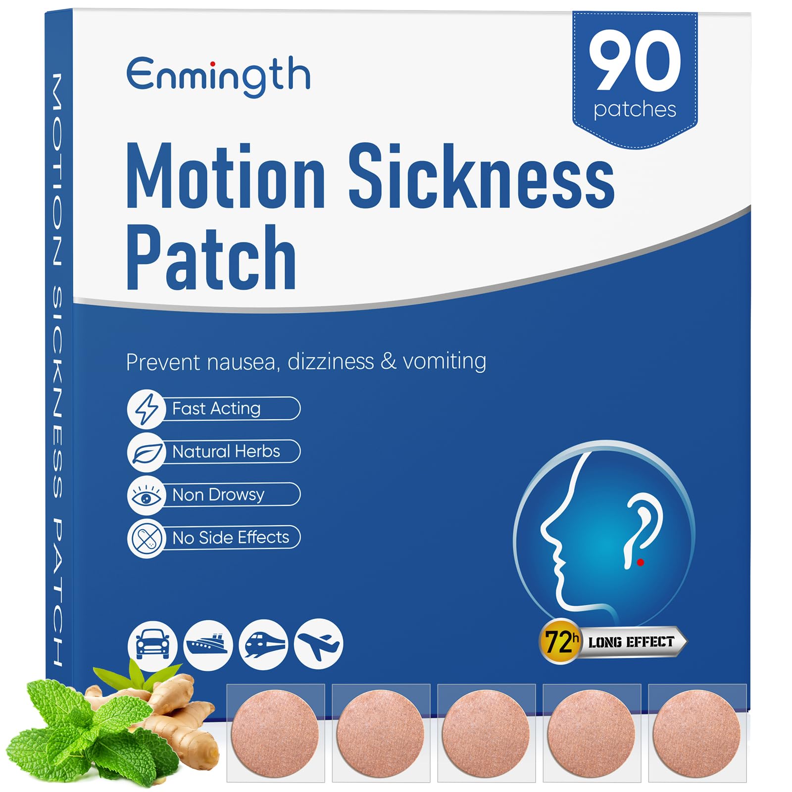 90ct Motion Sickness Patches Non Drowsy Sea Sickness Patches for Cruise Travel Essentials, Hydrocolloid Patch Behind Ear for Car Airplane Ship Road Trip Altitude Sickness, Fast Acting & Lasts 72 Hours