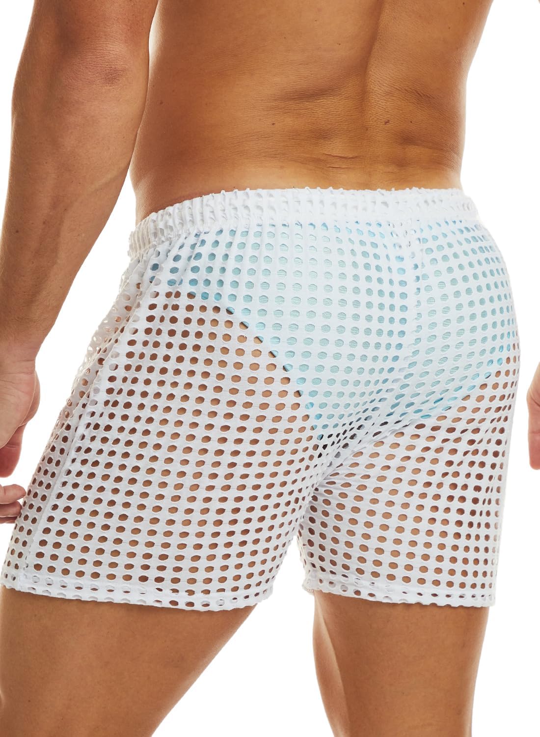 MIZOK Men's Hollow Openwork Short Sexy Fishnet See Through Boxer Shorts Lounge Swim Cover