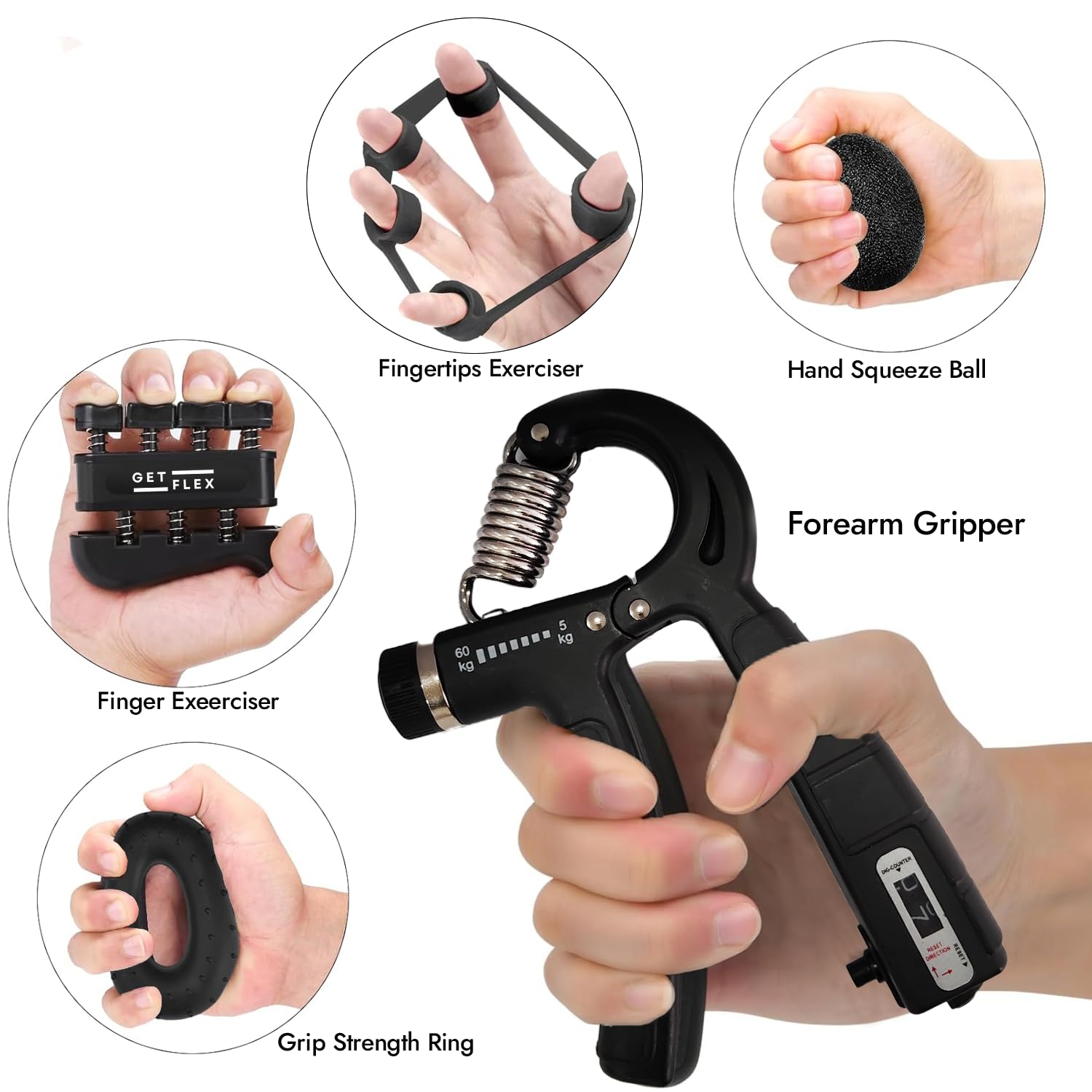 GETFLEX Grip Strength Trainer (6 Pack) - Forearm Strengthener - Hand Gripper Strengthener - Stress Relief Ball and Adjustable Spring Resistance Ranging From 11 To 132 Lbs(5 To 60kg) - Black