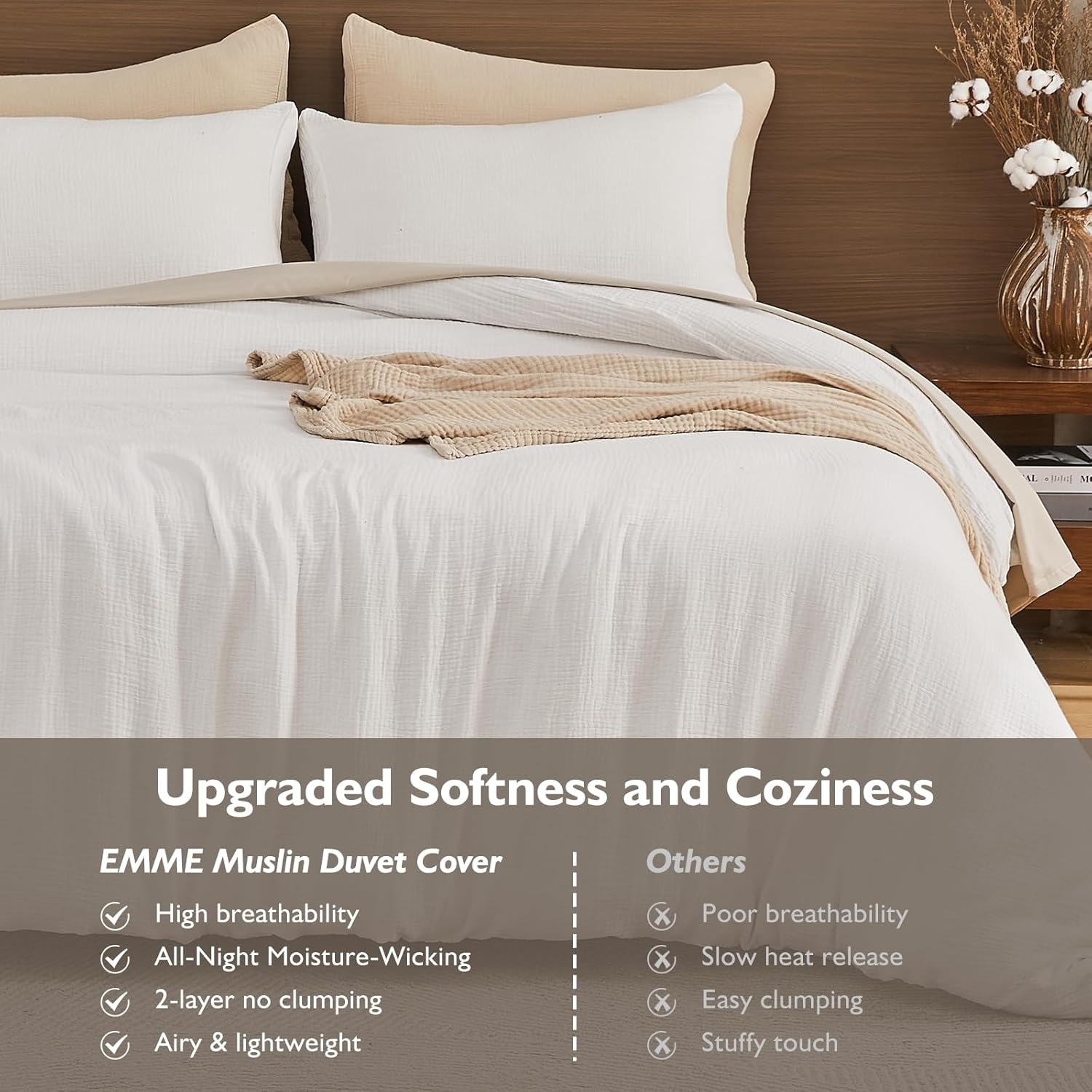 EMME Muslin Duvet Cover Queen Size Cream White, 100% Cotton Linen Like Comforter Cover Soft Breathable Lightweight Gauze Duvet Cover with 2 Pillowcases, 90"x90" - Image 4
