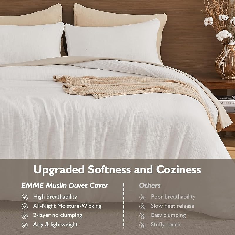 EMME Muslin Cotton Duvet Cover Set Linen Like Cream White Queen image 4