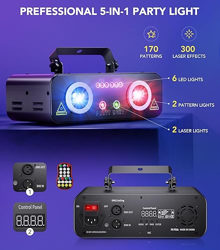 Miniatura 7 de Luces Láser DJ para Fiesta, Proyector de Show de Luz Láser RGBUV Profesional 5 en 1 Soporta DMX512, Activado por Sonido con Control Remoto para