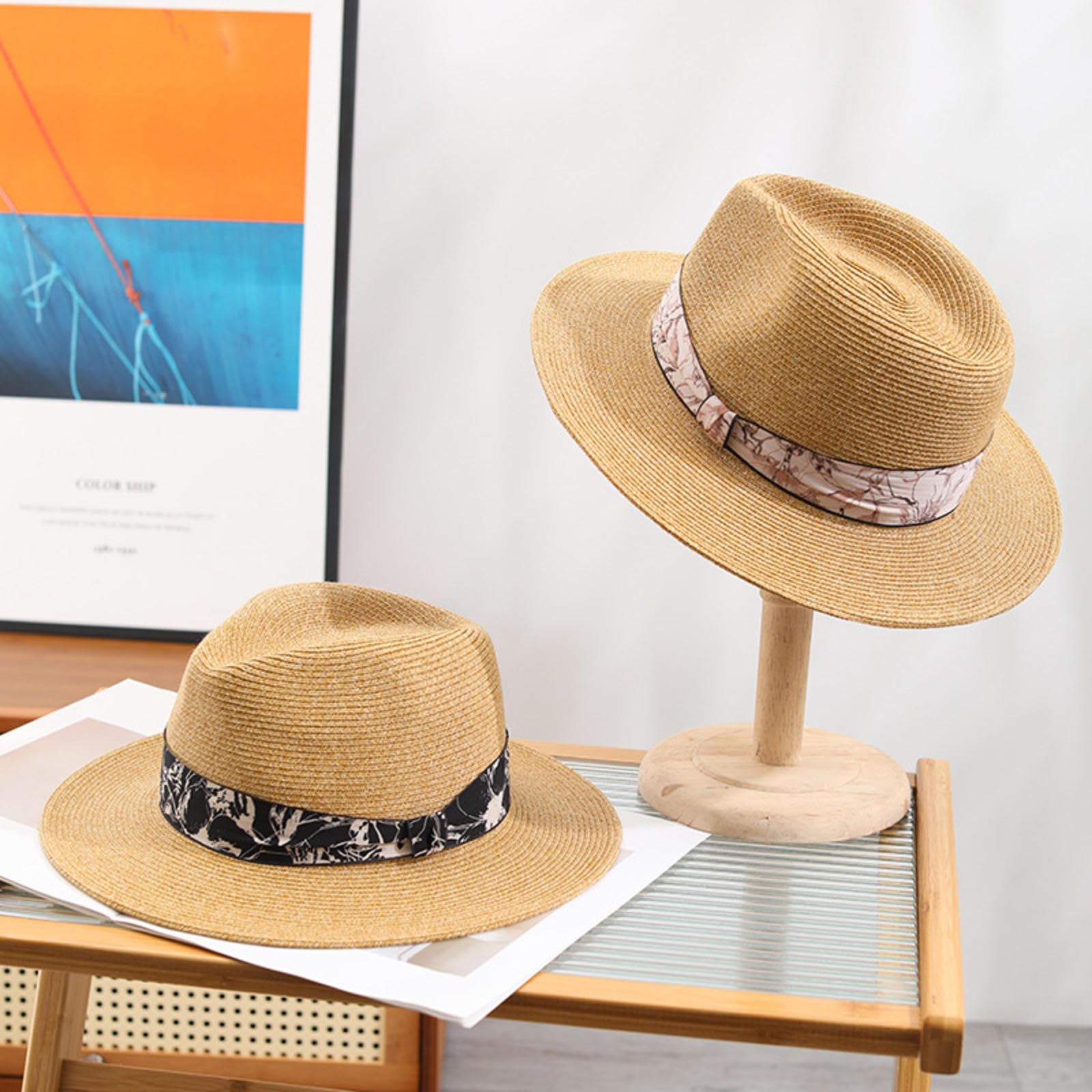 VIDECOR Nouveau Chapeau de Paille D'été Pliable pour Les Femmes Plus Grande Visière à Large Bord Disquette Voyage Chapeaux D'été Paille UV Protection de Plage,B