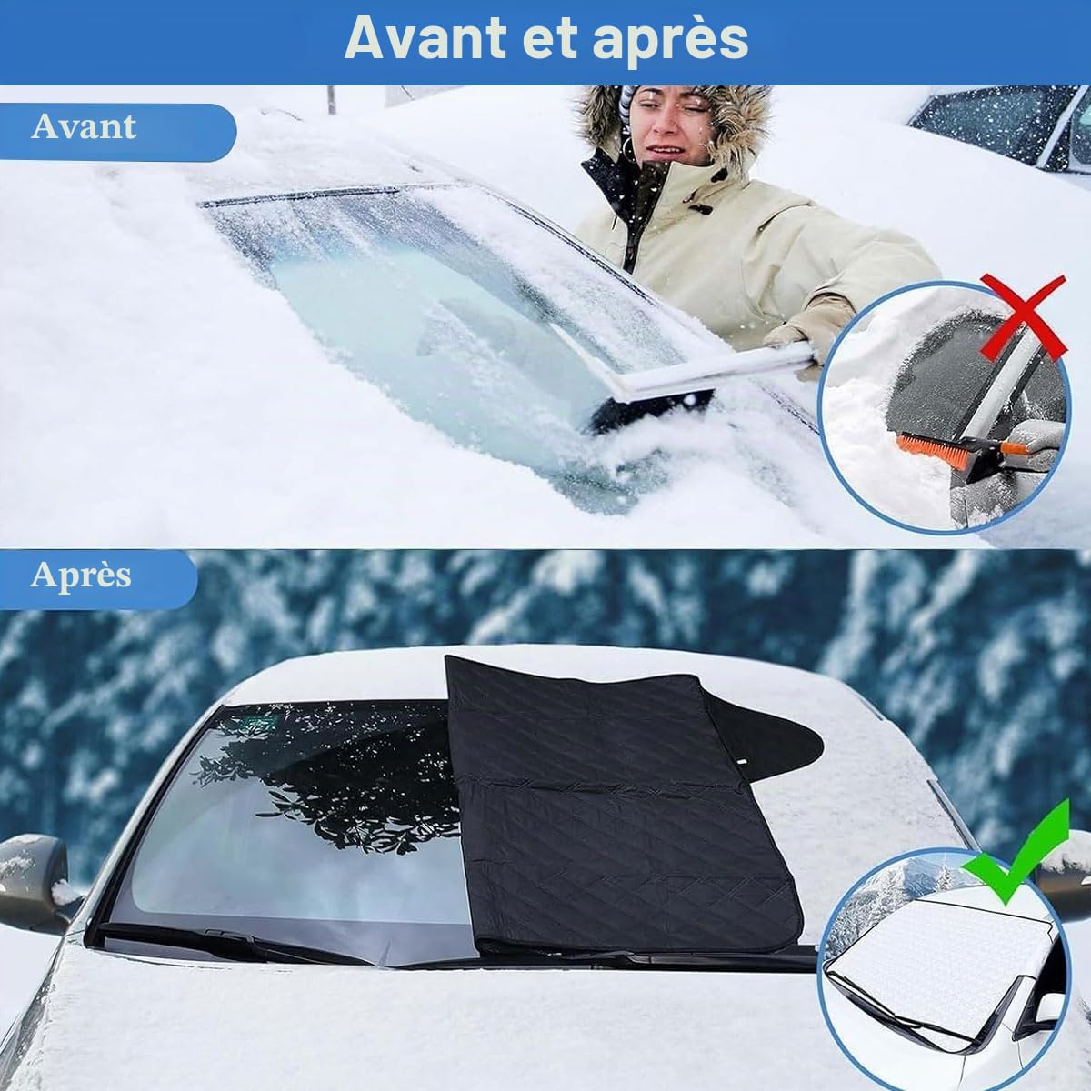 Couverture Pare-Brise Voiture avec 5 Aimant,Bache Pare Brise Protection Couverture Repliable,Protection Pare Brise Hiver,Voiture Protege Pare Brise Givre avec Couvercle de Rétroviseur,150 * 111CM