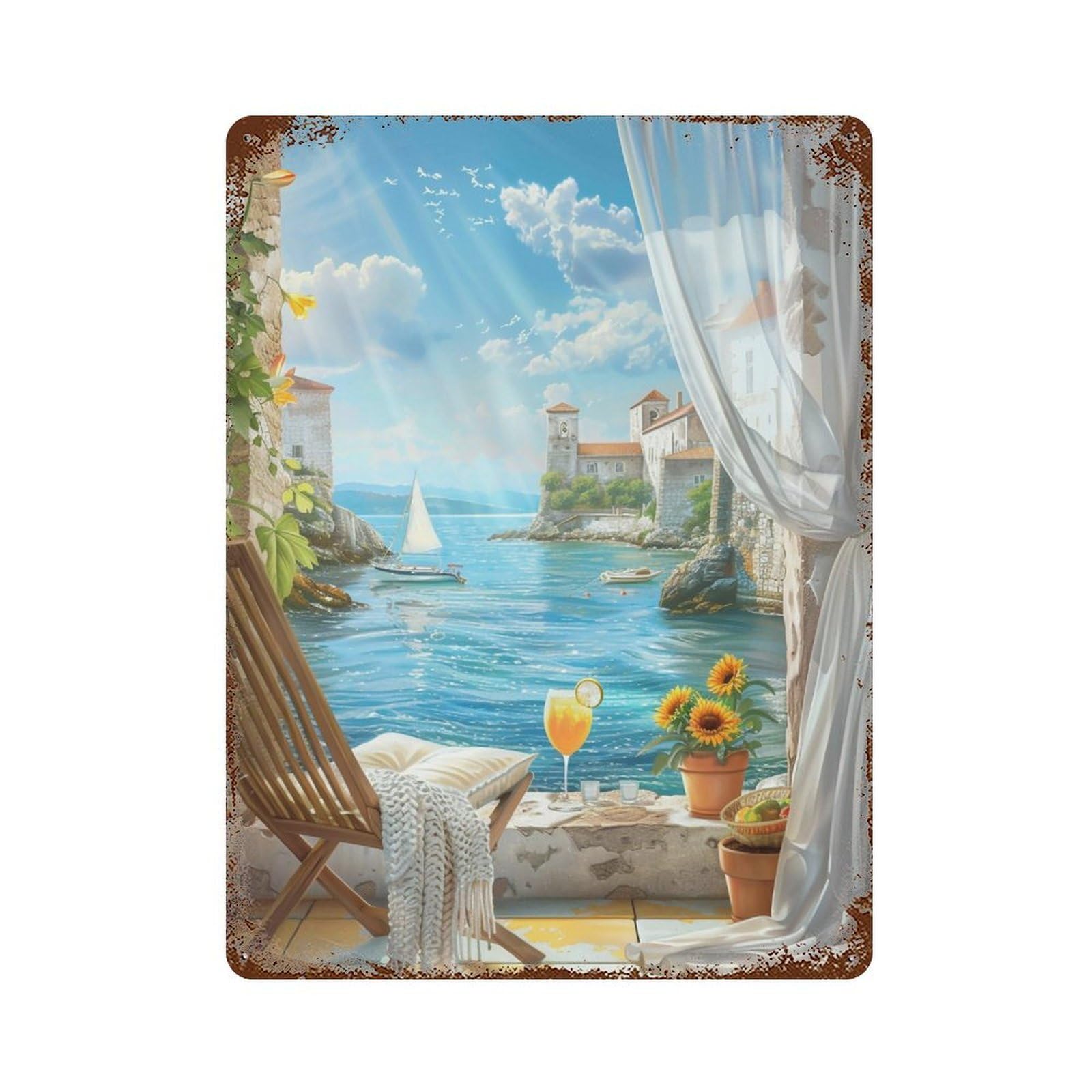 HDURYEYRYY Mediterranean Window View 03 Wall Retro Iron Vintage Art Metal Tin Sign Poster Modern Home Cofffee Club Art Bar Shop Decor Style 40x30cm
