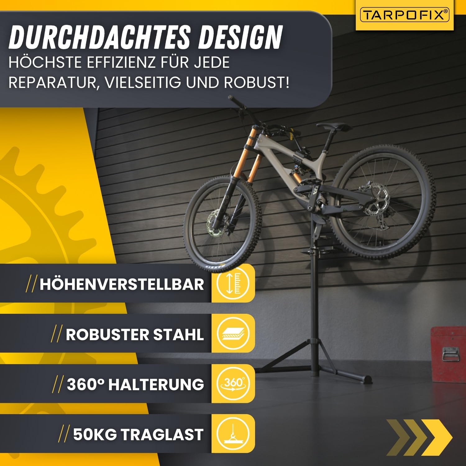 Tarpofix® Fahrrad Montageständer bis 50kg für E-Bike | Montageständer für Fahrräder | Profi Fahrrad Reparaturständer | Schwerlast Fahrradhalter Ebike | Fahrradständer Reparatur & Wartung | Bike Stand