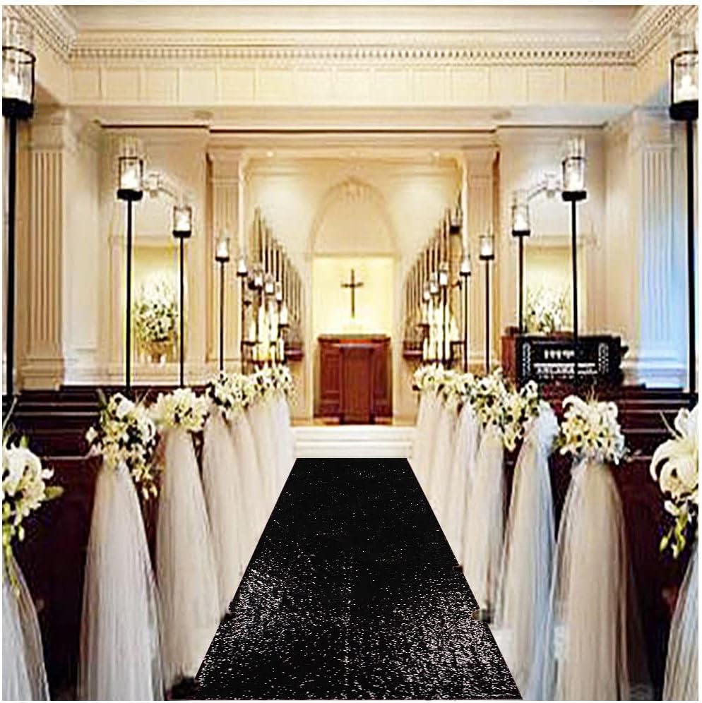 Partisout Aisle Runners for Weddings 2FTx15FT Sequin Wedding Rustic Outdoor Carpet Aisle Runners Ceremony Shimmer Runner for Holiday Party Grass Indoor (Black)