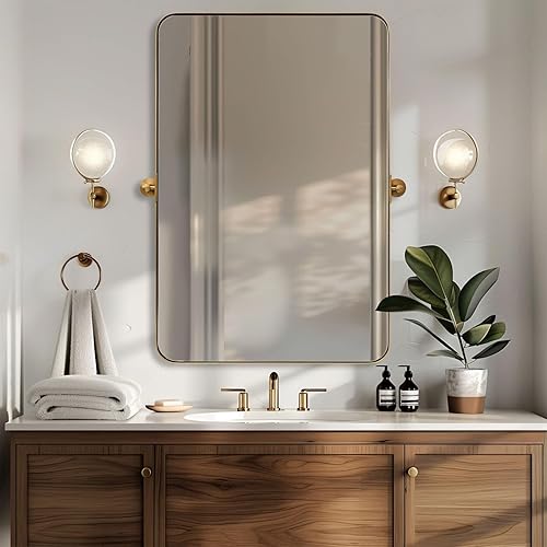 Espejo giratorio Moon Mirror de oro cepillado, espejo inclinable de latón para tocador rectangular para baño, medidas totales 24.33 x 28 pulgadas