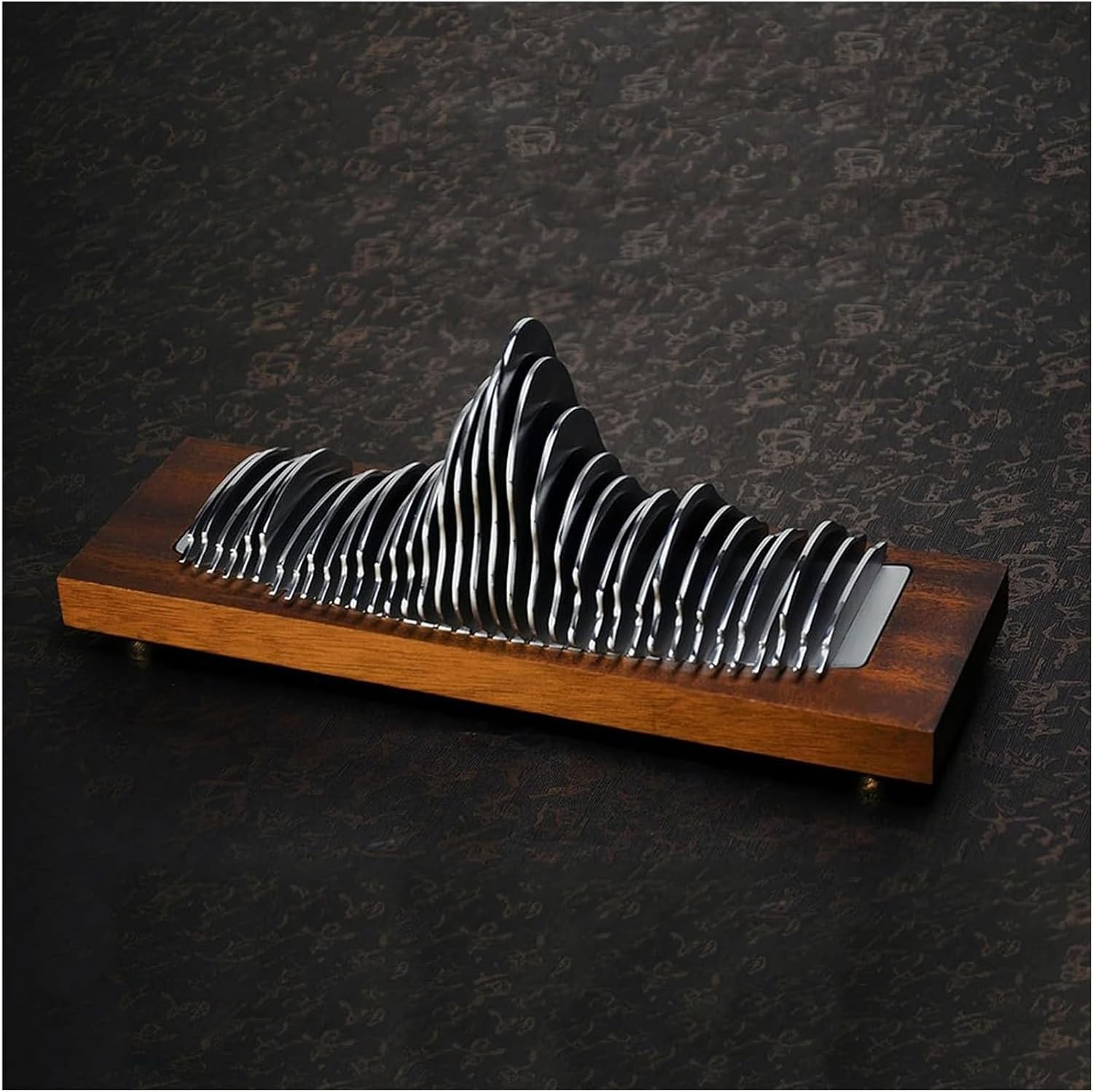 Stainless Steel Mountain Craft Statue, Desktop Mountain Sculpture Ornaments, 300 * 95 * 130mm Mountain Figurine, Solid Wood Base, for Home Office Table Decoration